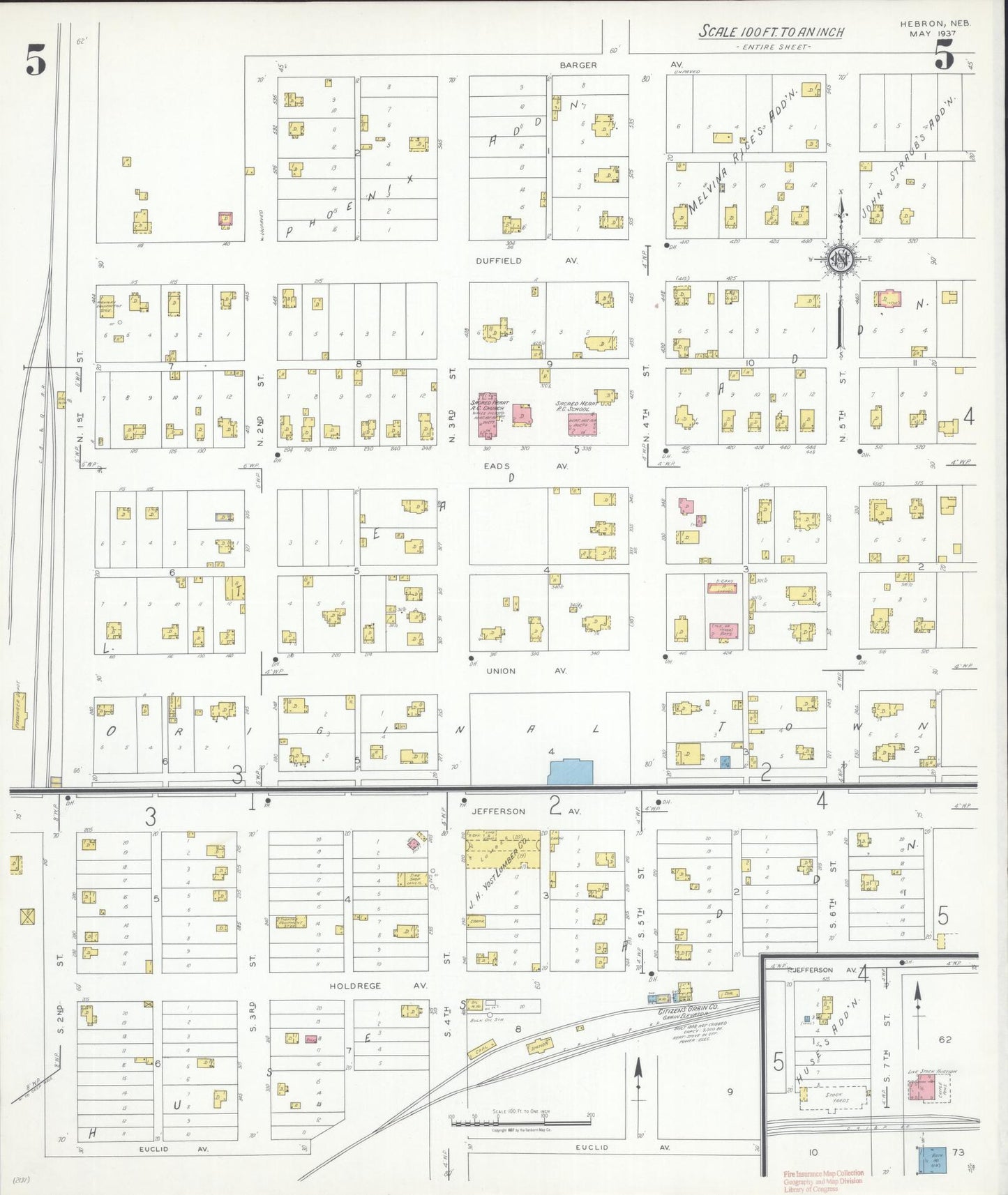 Sanborn Fire Insurance Map from Hebron, Thayer County, Nebraska (1937), Sheet #0005 - Complete Map Set gallery image, historic Sanborn map, vintage wall art, Nebraska Nebraska