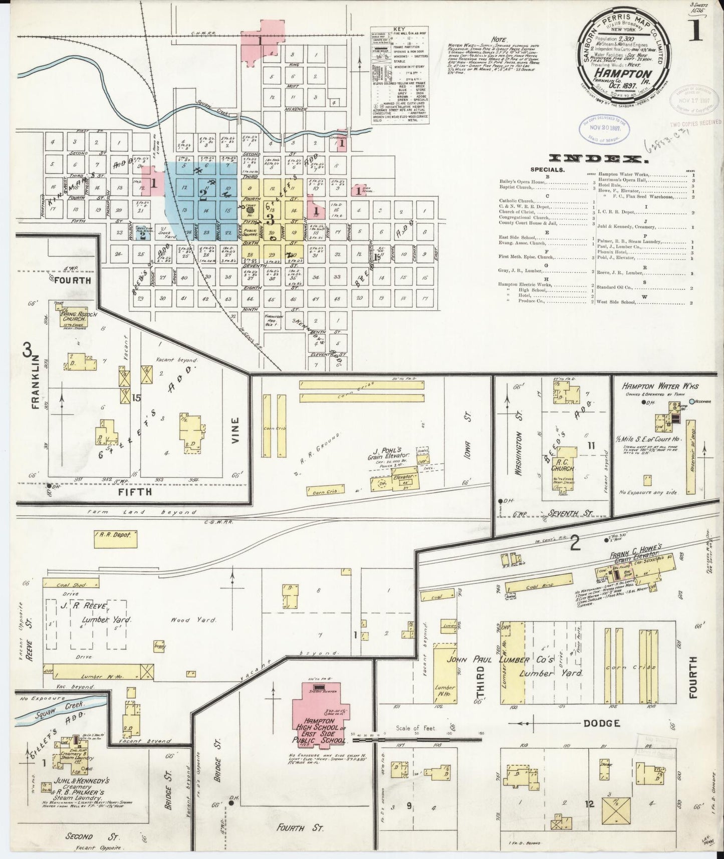 Sanborn Fire Insurance Map from Hampton, Franklin County, Iowa (1897), Sheet #0001 - Historic Sanborn Fire Insurance Map Print, vintage old map wall art