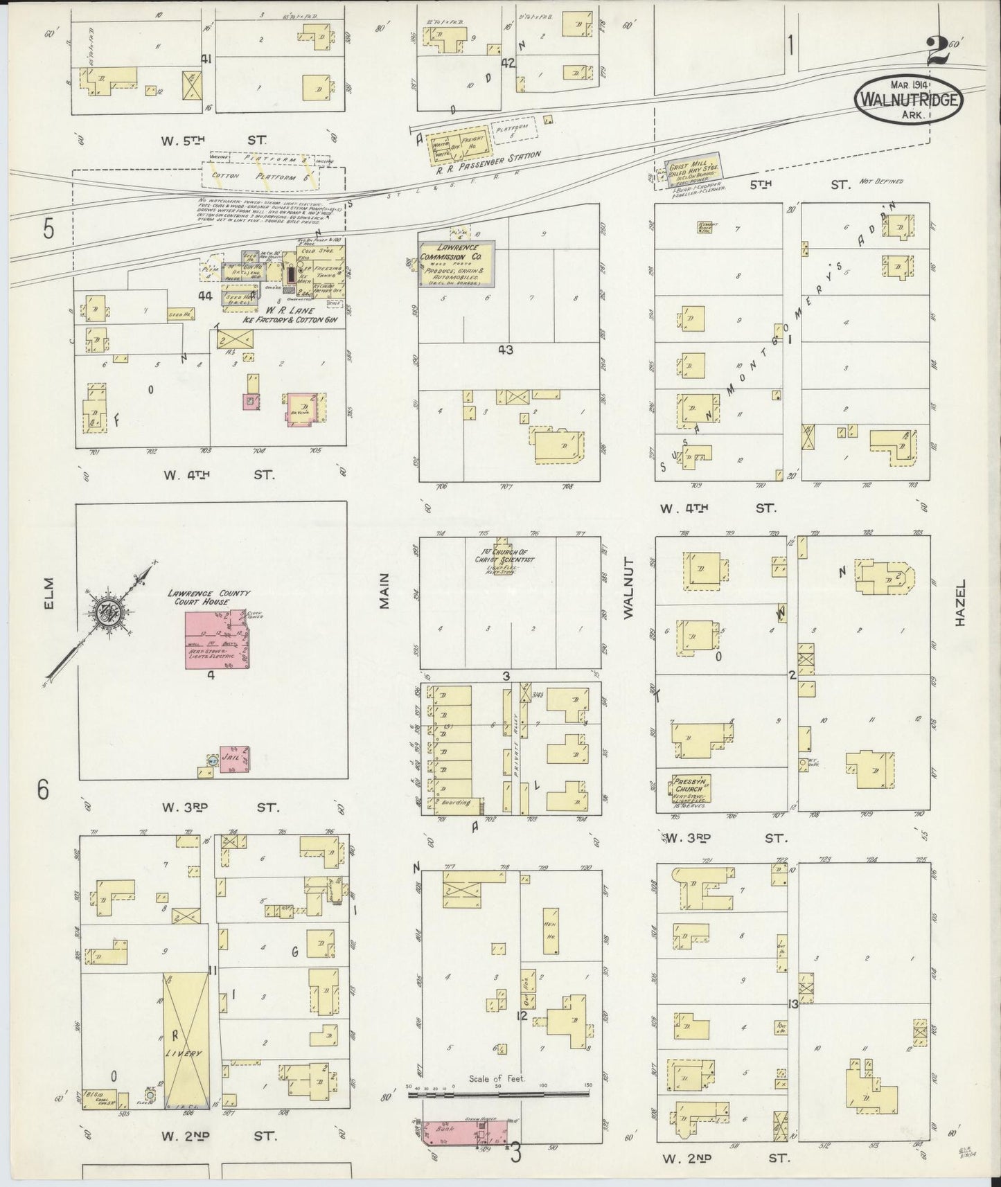 Sanborn Fire Insurance Map from Walnut Ridge, Lawrence County, Arkansas (1914), Sheet #0002 - Historic Sanborn Fire Insurance Map Print, vintage old map wall art, antique decor, genealogy gift, Arkansas Arkansas map