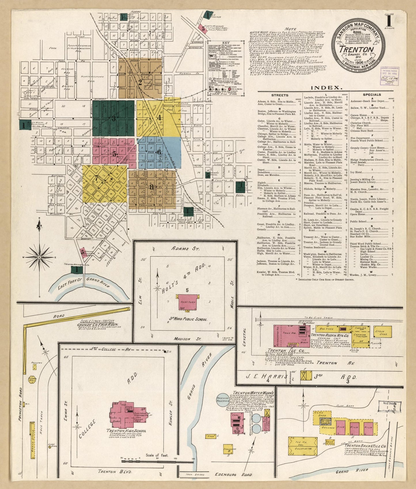 Sanborn Fire Insurance Map from Trenton, Grundy County, Missouri (1906), Sheet #0001 - Historic Sanborn Fire Insurance Map Print, vintage old map wall art, antique decor, genealogy gift, Missouri Missouri map