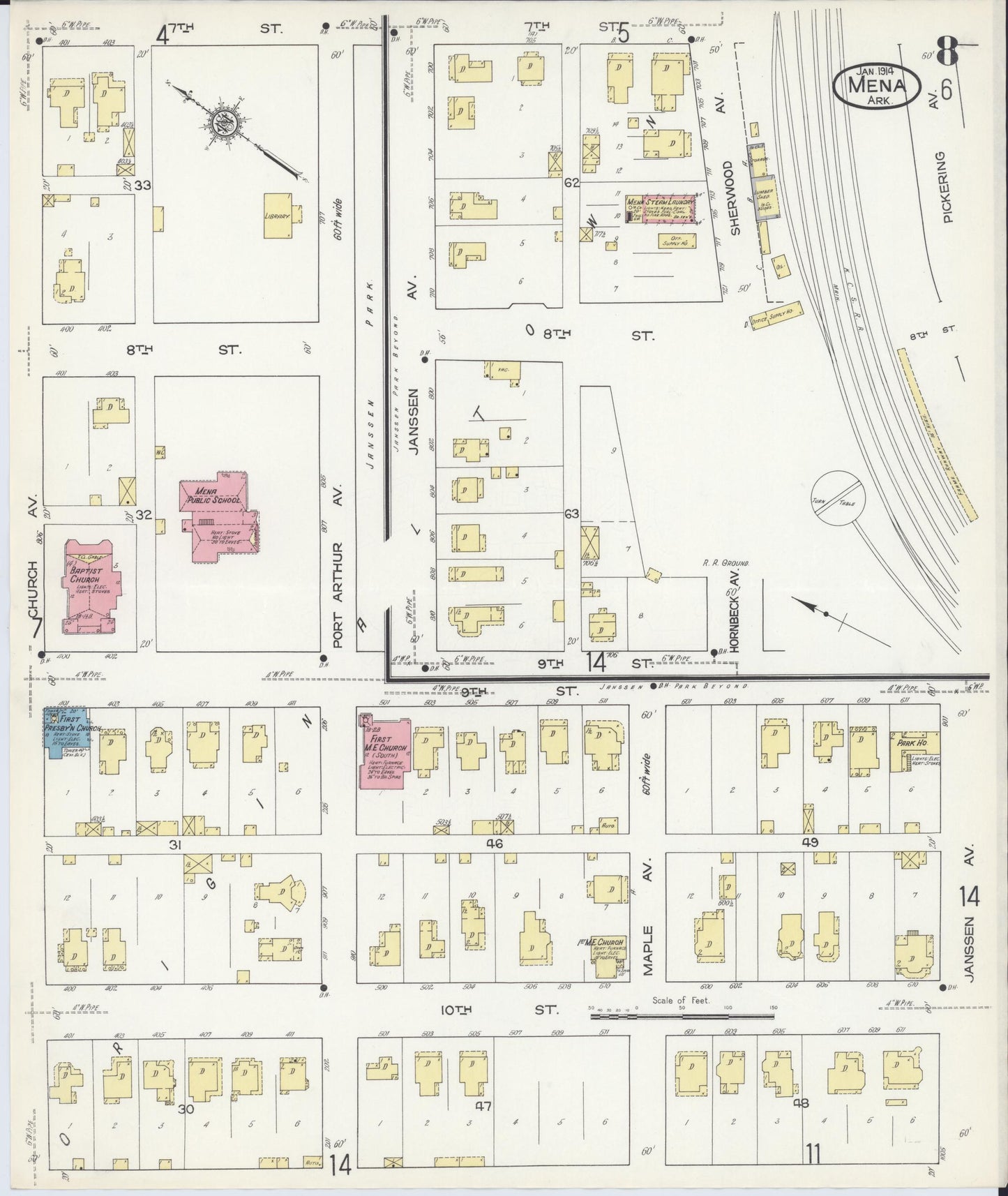 Sanborn Fire Insurance Map from Mena, Polk County, Arkansas (1914), Sheet #0008 - Historic Sanborn Fire Insurance Map Print, vintage old map wall art, antique decor, genealogy gift, Arkansas Arkansas map