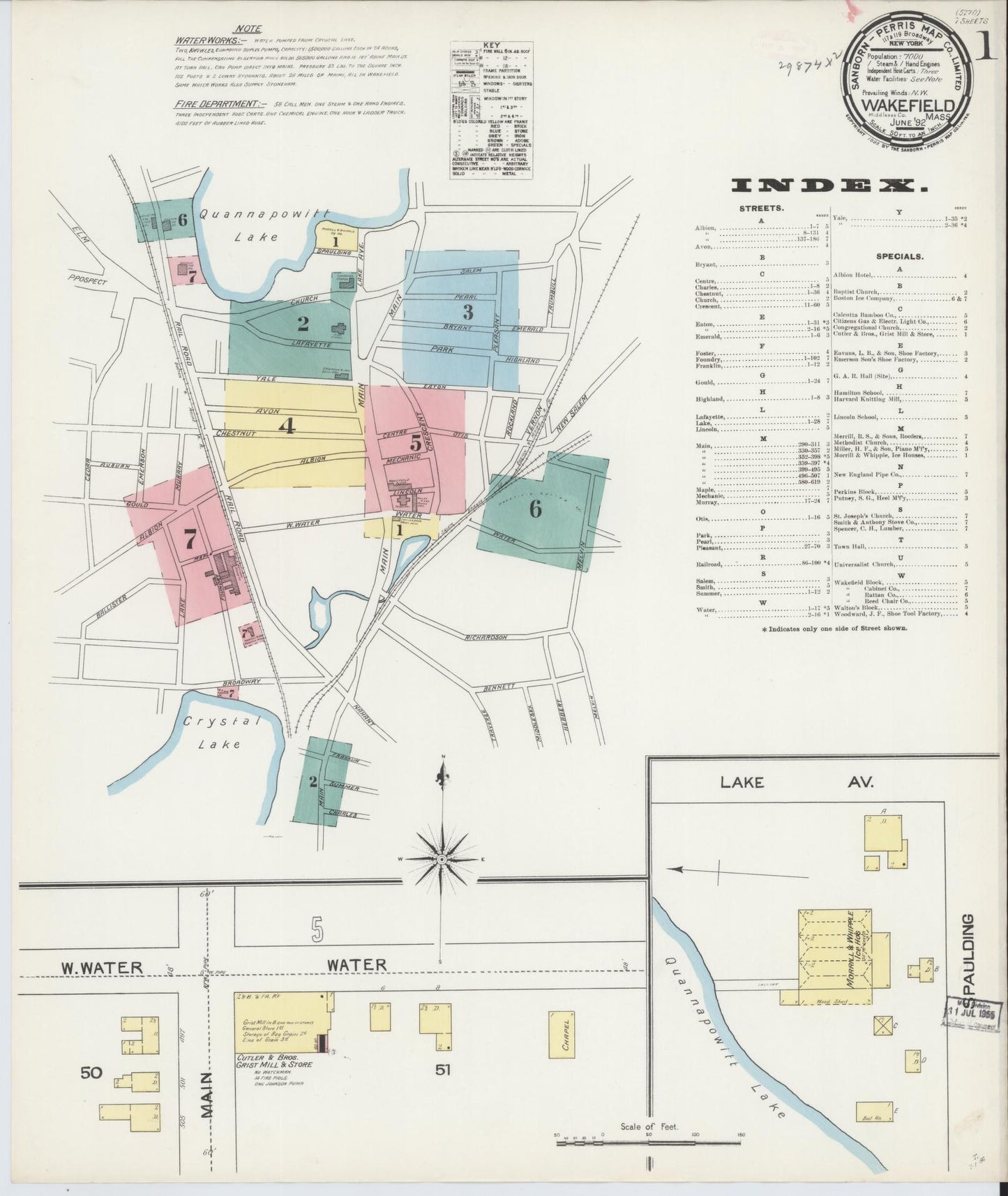 Sanborn Fire Insurance Map from Wakefield, Middlesex County, Massachusetts (1892), Sheet #0001 - Historic Sanborn Fire Insurance Map Print, vintage old map wall art, antique decor, genealogy gift, Massachusetts Massachusetts map