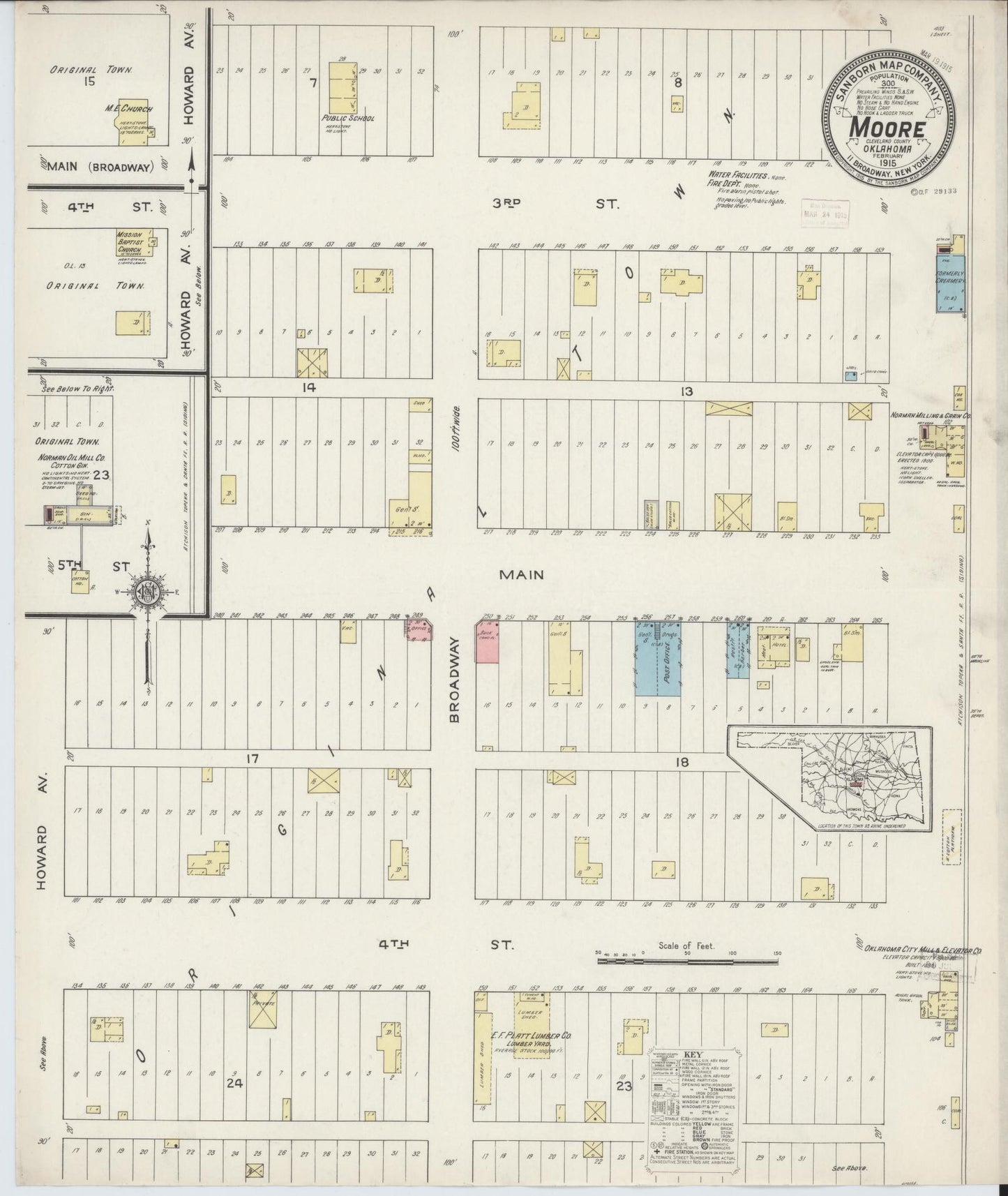 Sanborn Fire Insurance Map from Moore, Cleveland County, Oklahoma (1915), Sheet #0001 - Historic Sanborn Fire Insurance Map Print, vintage old map wall art, antique decor, genealogy gift, Oklahoma Oklahoma map