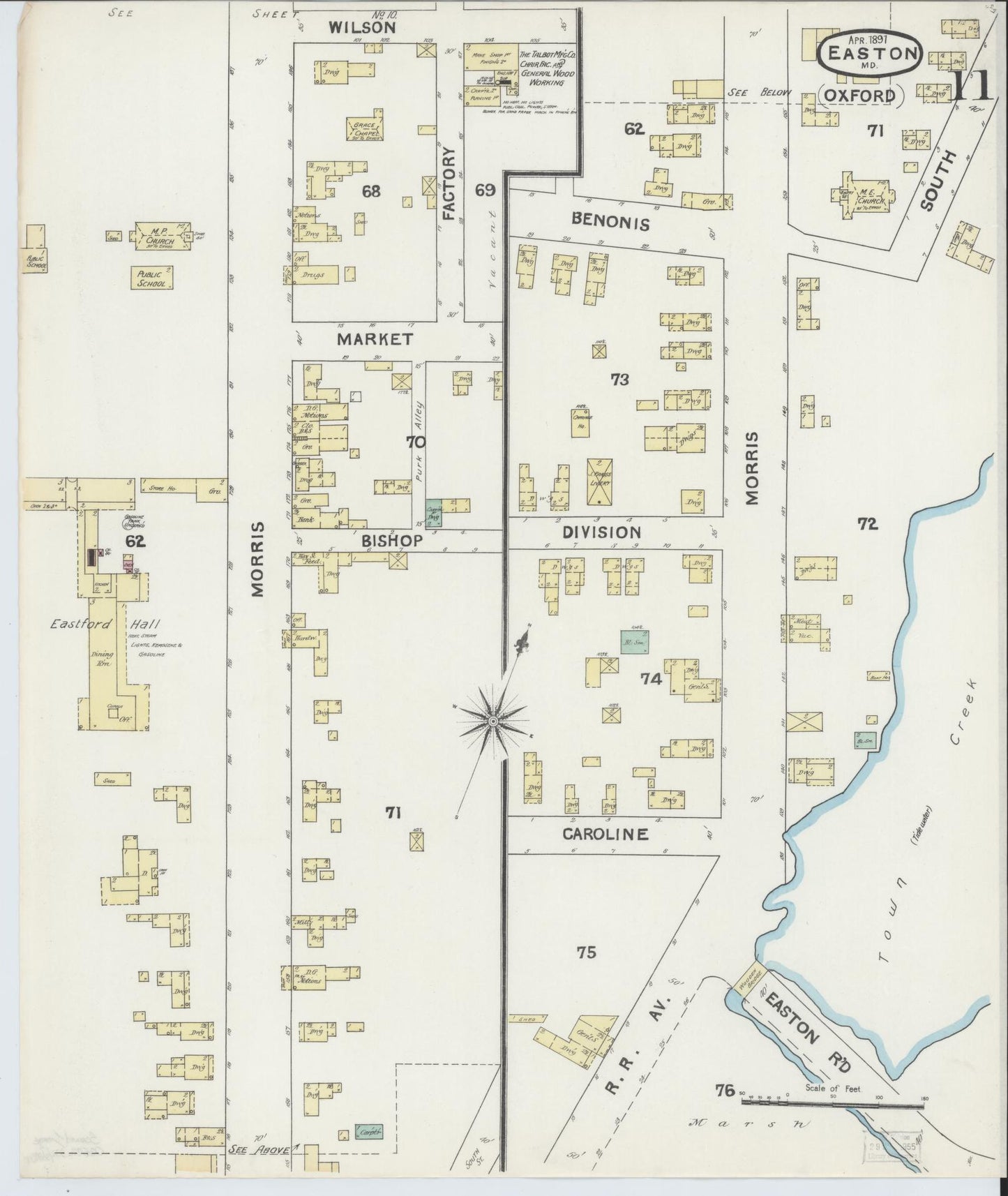Sanborn Fire Insurance Map from Easton, Talbot County, Maryland (1891), Sheet #0011 - Historic Sanborn Fire Insurance Map Print, vintage old map wall art, antique decor, genealogy gift, Maryland Maryland map