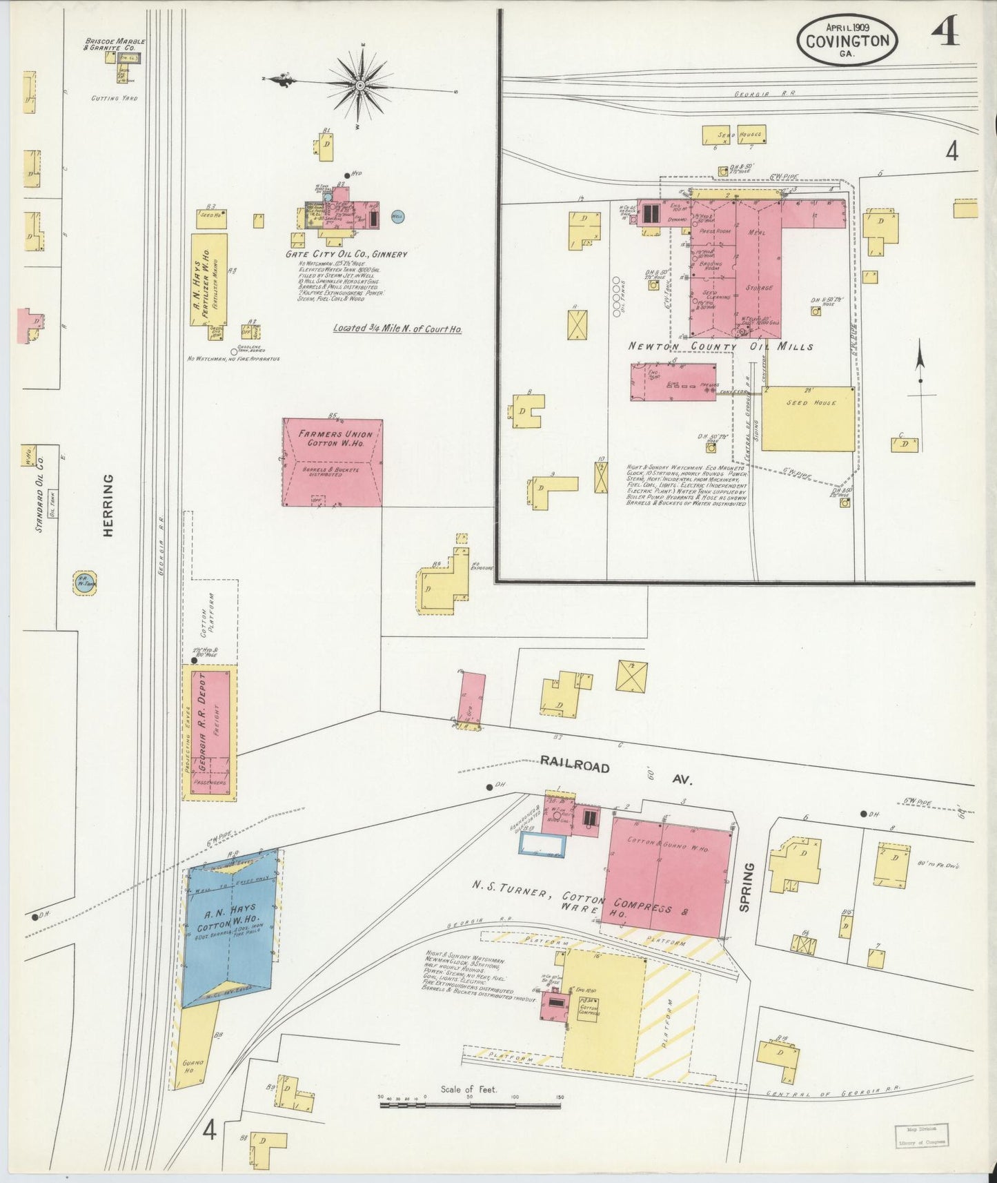 Sanborn Fire Insurance Map from Covington, Newton County, Georgia (1909), Sheet #0004 - Historic Sanborn Fire Insurance Map Print, vintage old map wall art, antique decor, genealogy gift, Georgia Georgia map