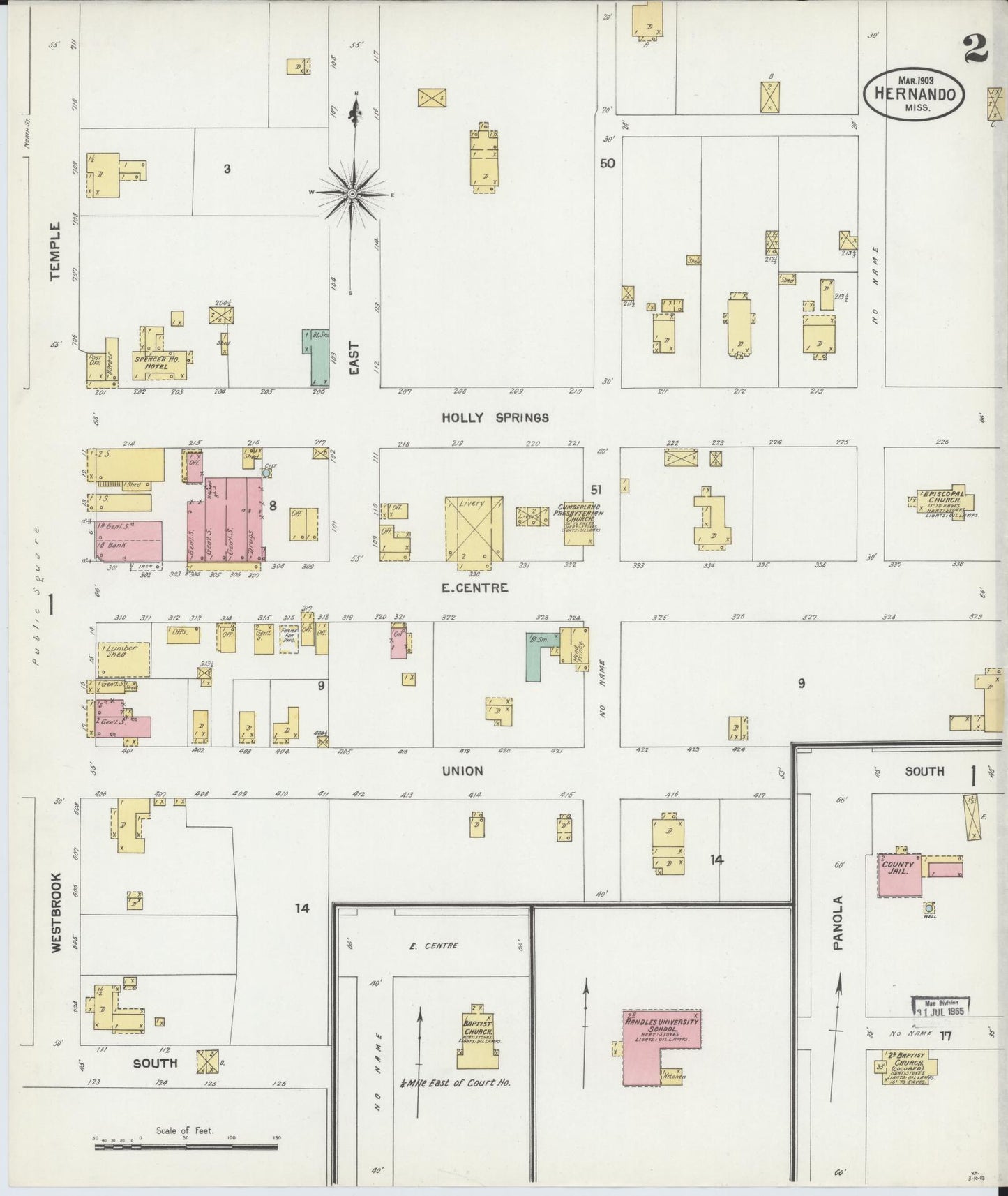 Sanborn Fire Insurance Map from Hernando, De Soto County, Mississippi (1903), Sheet #0002 - Historic Sanborn Fire Insurance Map Print, vintage old map wall art, antique decor, genealogy gift, Mississippi Mississippi map