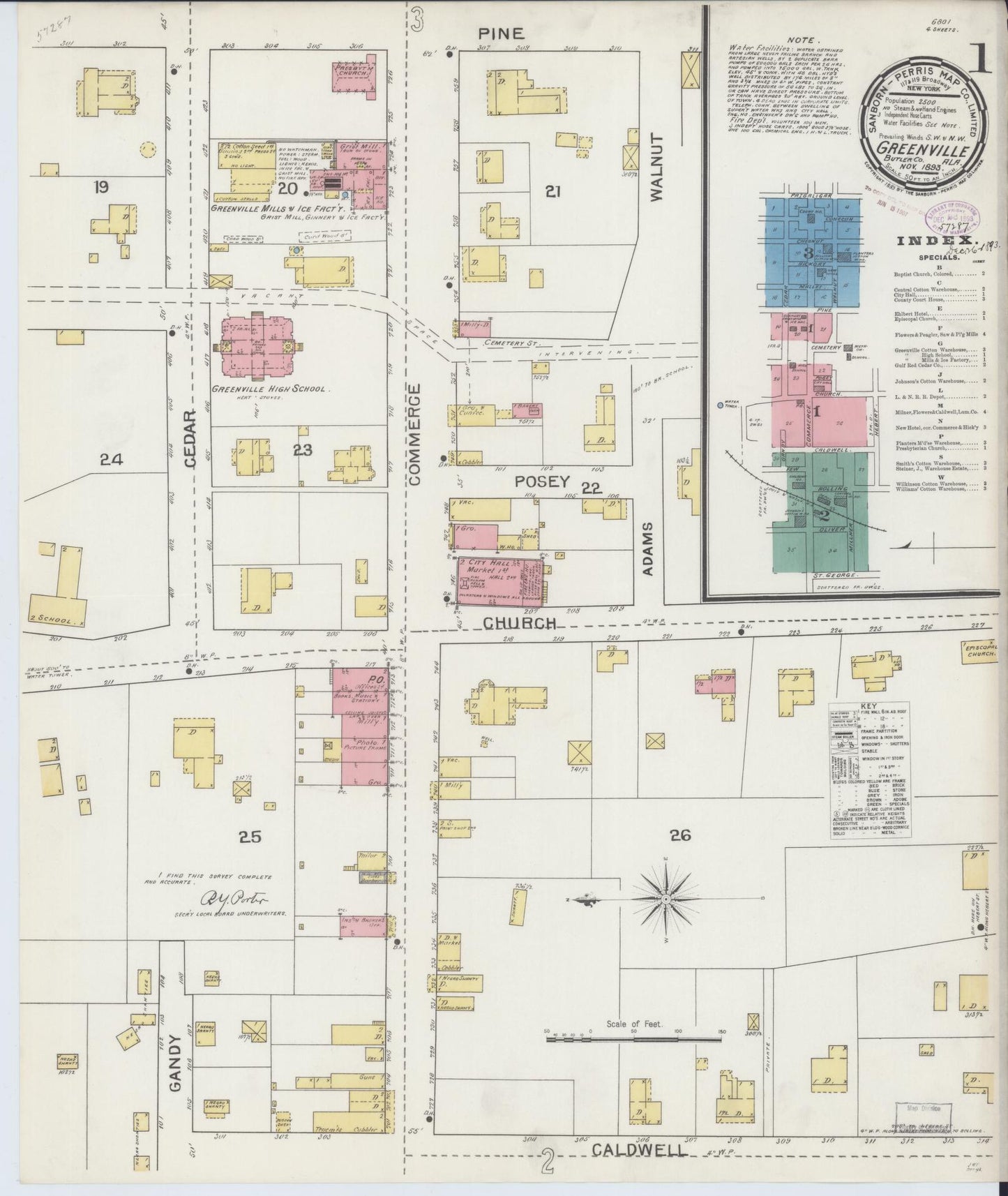 Sanborn Fire Insurance Map from Greenville, Butler County, Alabama (1893), Sheet #0001 - Historic Sanborn Fire Insurance Map Print, vintage old map wall art, antique decor, genealogy gift, Alabama Alabama map