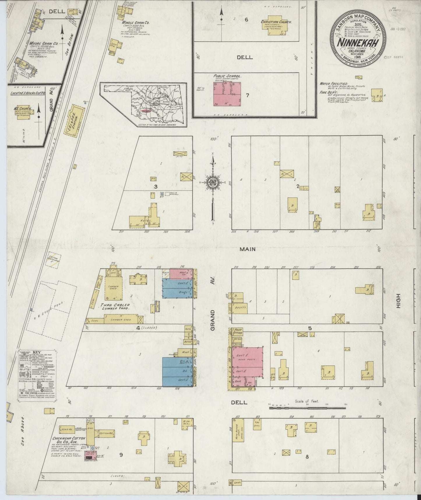 Sanborn Fire Insurance Map from Ninnekah, Grady County, Oklahoma (1916), Sheet #0001 - Historic Sanborn Fire Insurance Map Print, vintage old map wall art, antique decor, genealogy gift, Oklahoma Oklahoma map