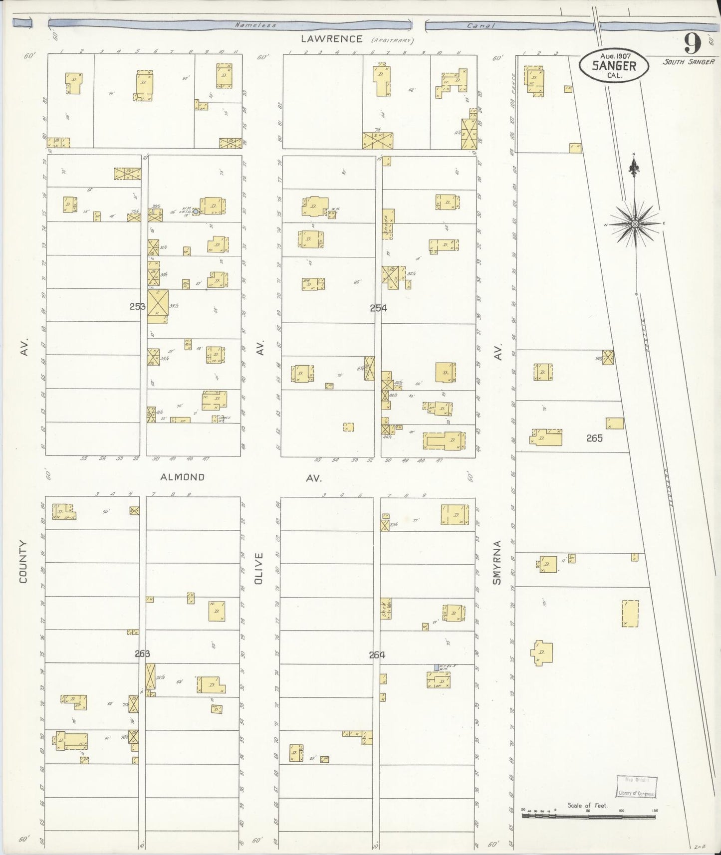 Sanborn Fire Insurance Map from Sanger, Fresno County, California (1907), Sheet #0009 - Complete Map Set gallery image, historic Sanborn map, vintage wall art, California California