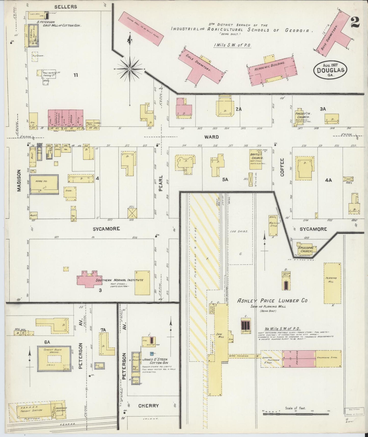 Sanborn Fire Insurance Map from Douglas, Coffee County, Georgia (1907), Sheet #0002 - Complete Map Set gallery image, historic Sanborn map, vintage wall art, Georgia Georgia