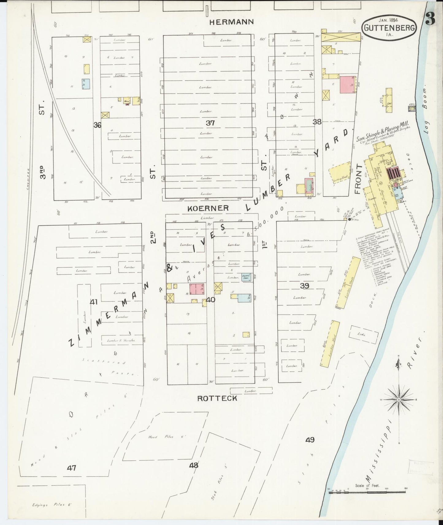 Sanborn Fire Insurance Map from Guttenberg, Clayton County, Iowa (1894), Sheet #0003 - Historic Sanborn Fire Insurance Map Print, vintage old map wall art