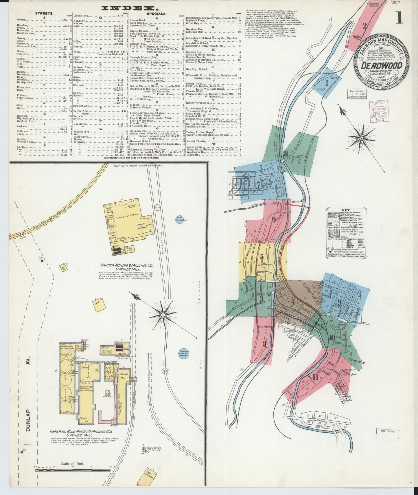 Sanborn Fire Insurance Map from Deadwood, Lawrence County, South Dakota (1903), Sheet #0001 - Historic Sanborn Fire Insurance Map Print, vintage old map wall art, antique decor, genealogy gift, South Dakota South Dakota map
