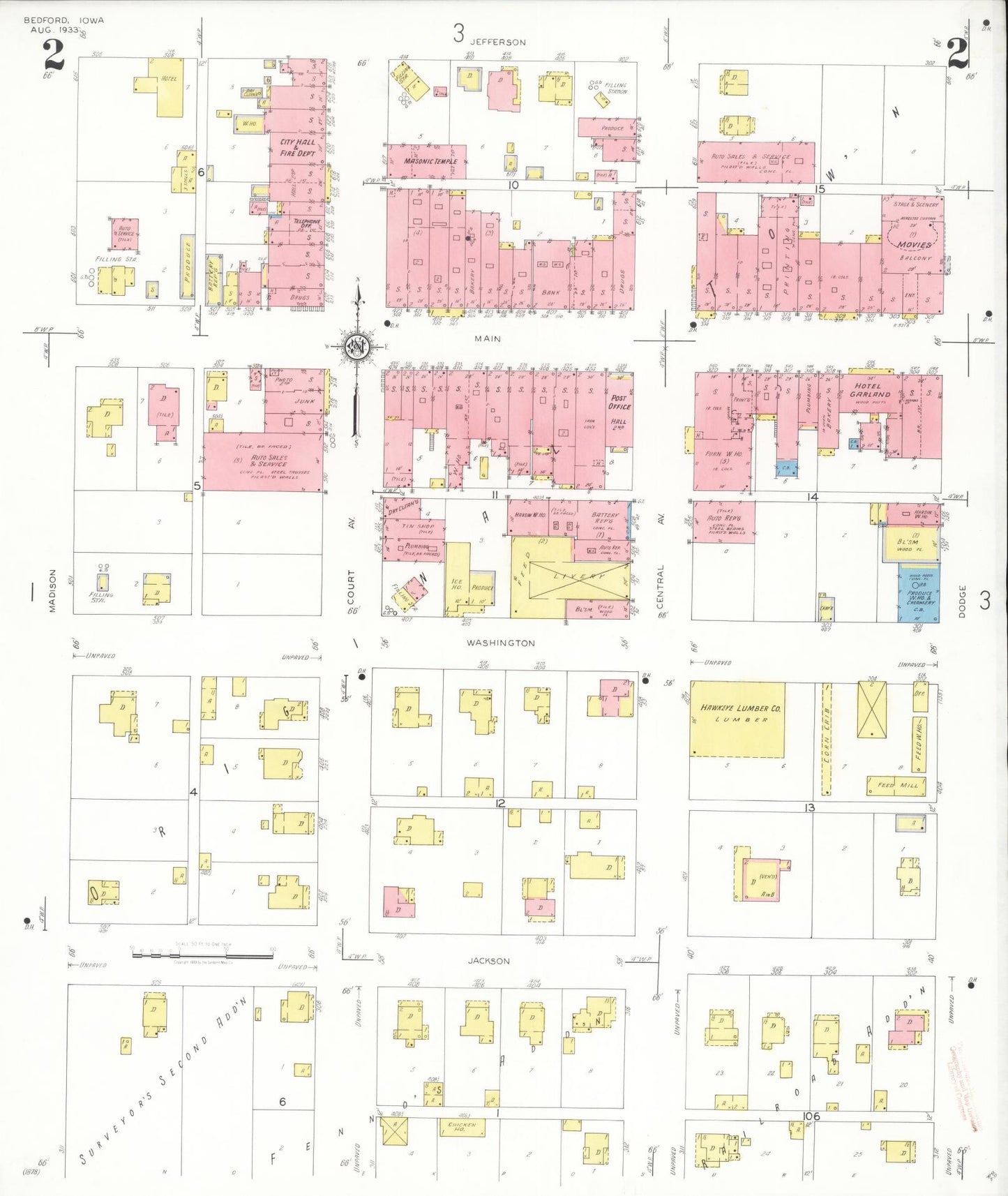Sanborn Fire Insurance Map from Bedford, Taylor County, Iowa (1933), Sheet #0002 - Historic Sanborn Fire Insurance Map Print, vintage old map wall art