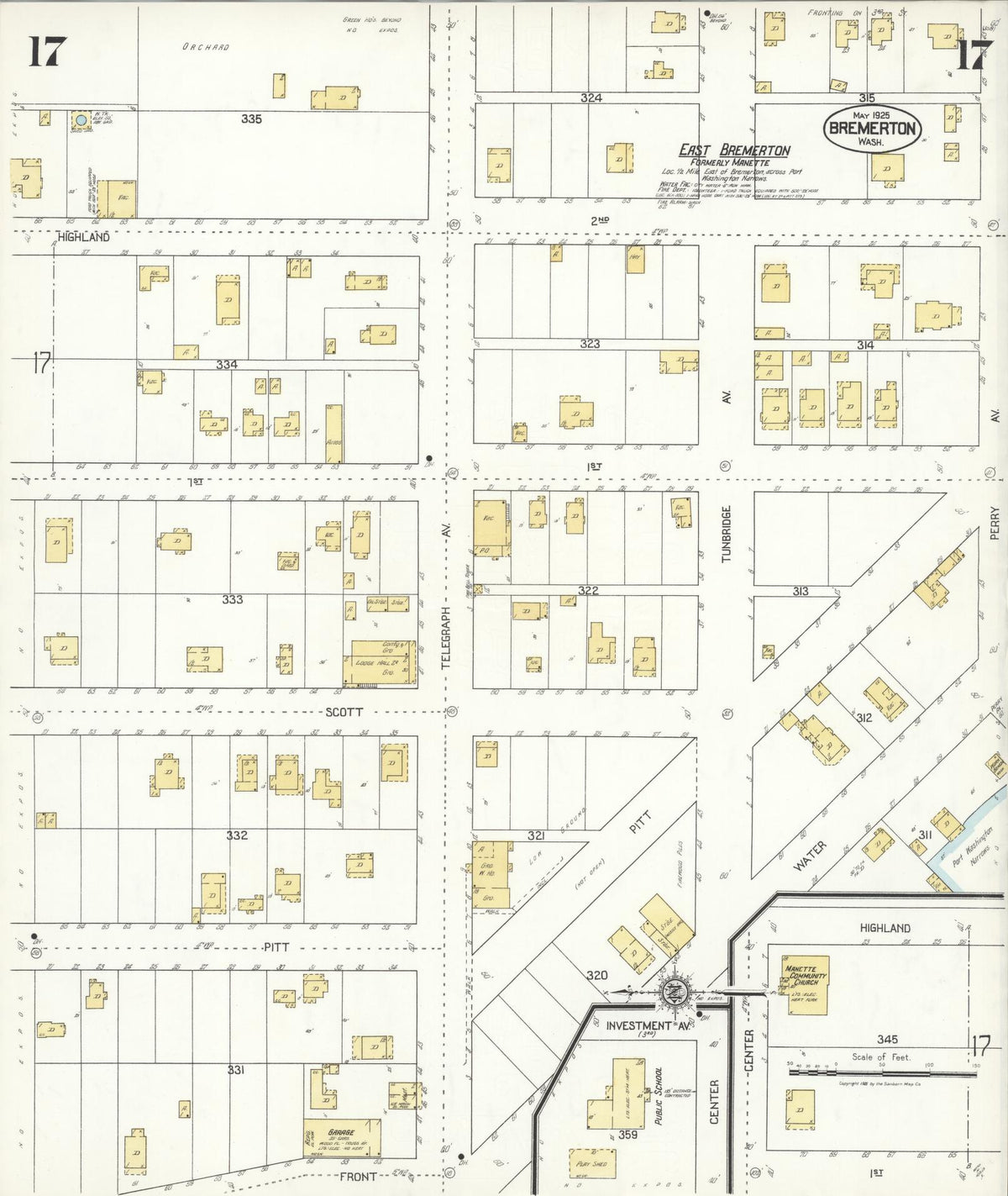 Sanborn Fire Insurance Map from Bremerton, Kitsap County, Washington (1925), Sheet #0017 - Historic Sanborn Fire Insurance Map Print, vintage old map wall art, antique decor, genealogy gift, Washington Washington map