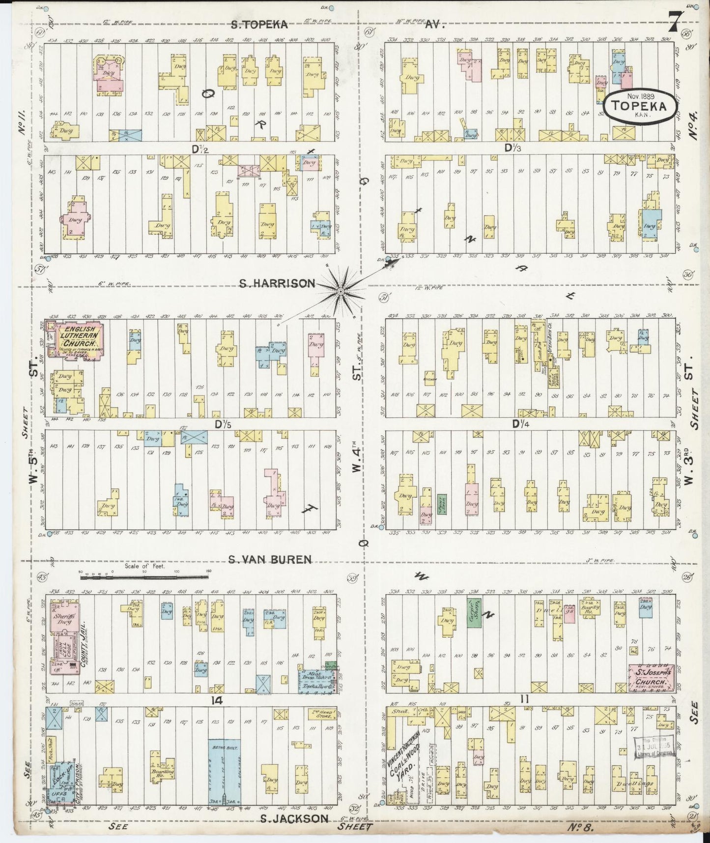Sanborn Fire Insurance Map from Topeka, Shawnee County, Kansas (1889), Sheet #0008 - Historic Sanborn Fire Insurance Map Print, vintage old map wall art, antique decor, genealogy gift, Kansas Kansas map