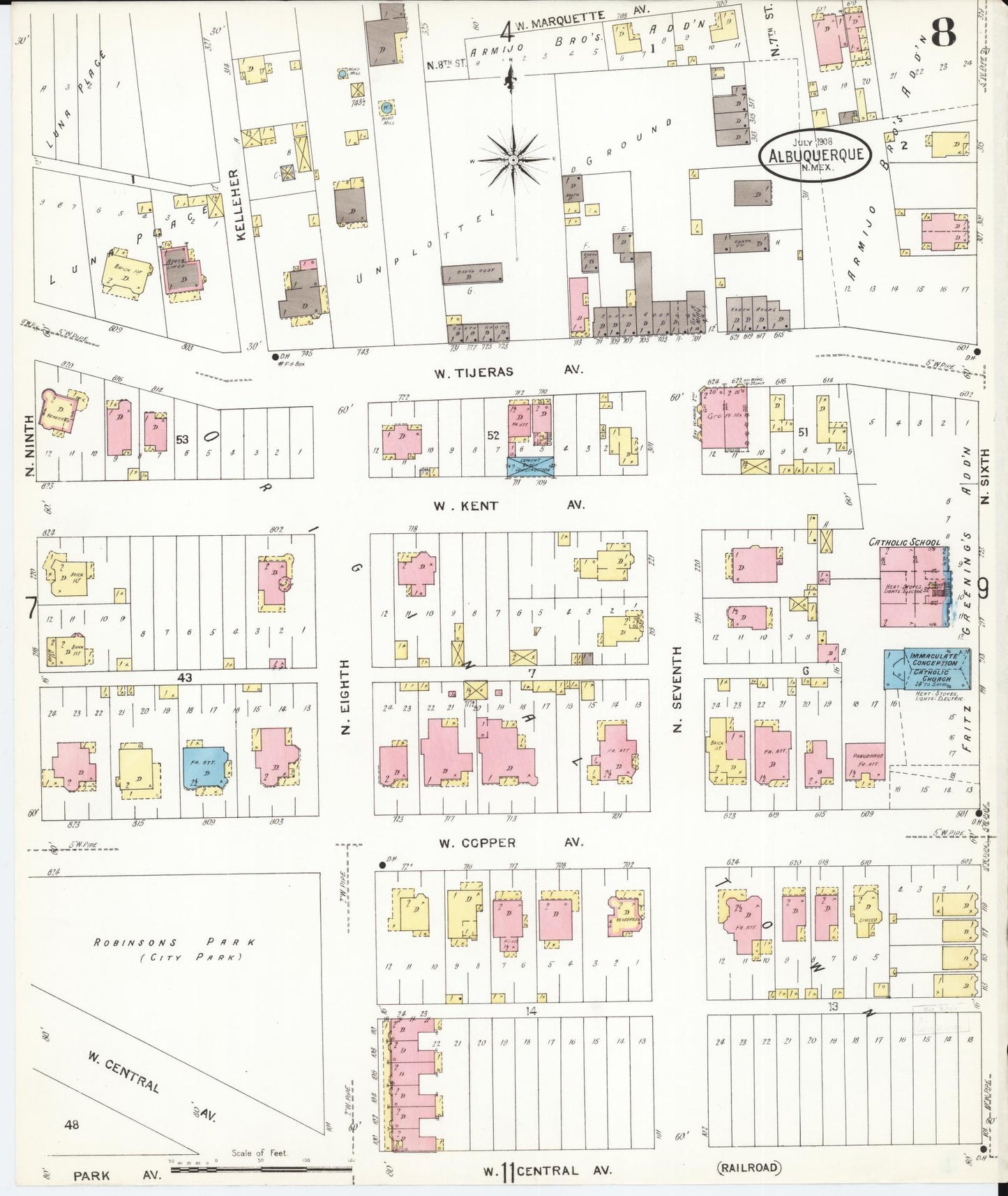 Sanborn Fire Insurance Map from Albuquerque, Bernalillo County, New Mexico (1908), Sheet #0008 - Historic Sanborn Fire Insurance Map Print, vintage old map wall art, antique decor, genealogy gift, New Mexico New Mexico map