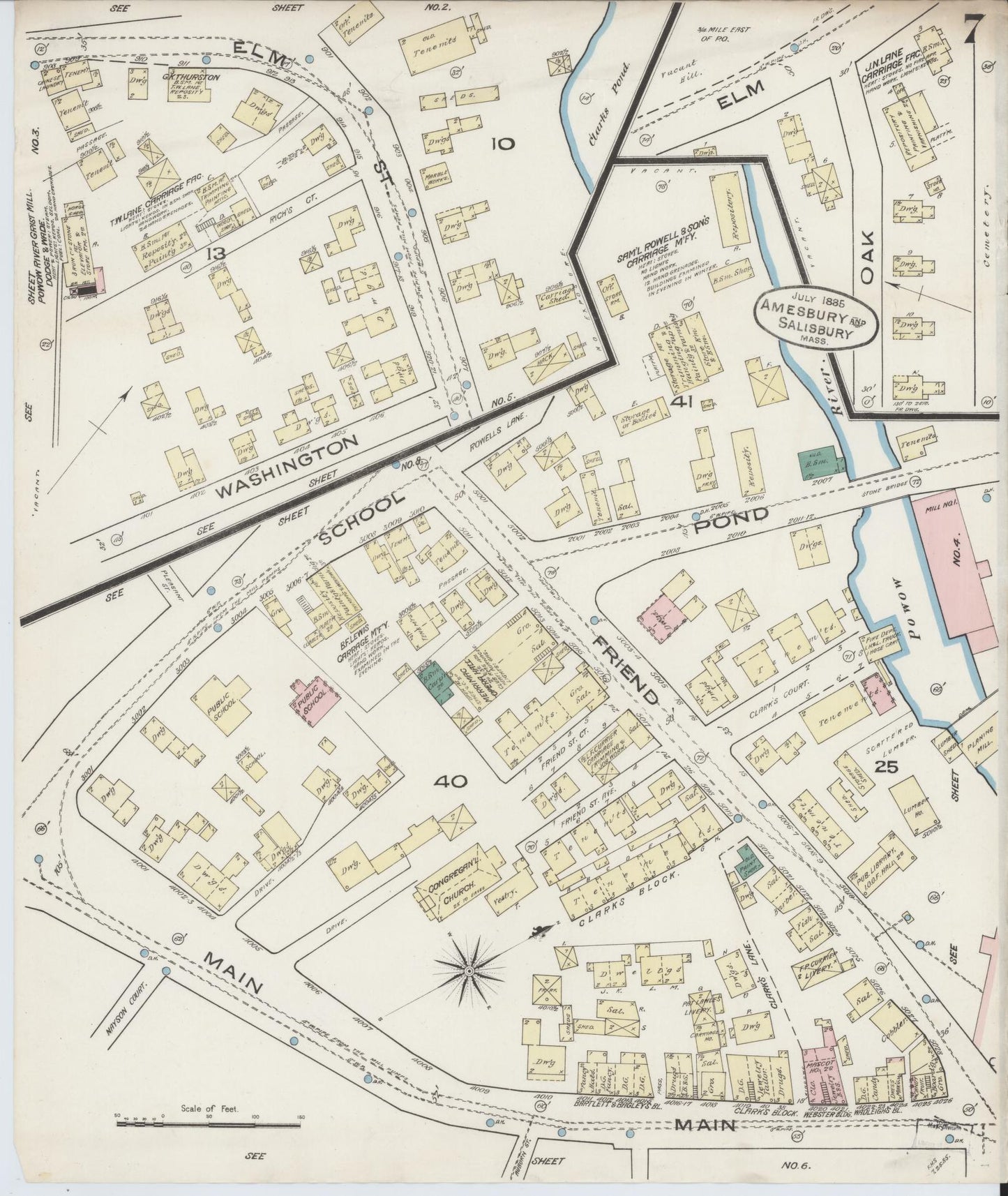 Sanborn Fire Insurance Map from Amesbury, Essex County, Massachusetts (1885), Sheet #0007 - Historic Sanborn Fire Insurance Map Print, vintage old map wall art, antique decor, genealogy gift, Massachusetts Massachusetts map
