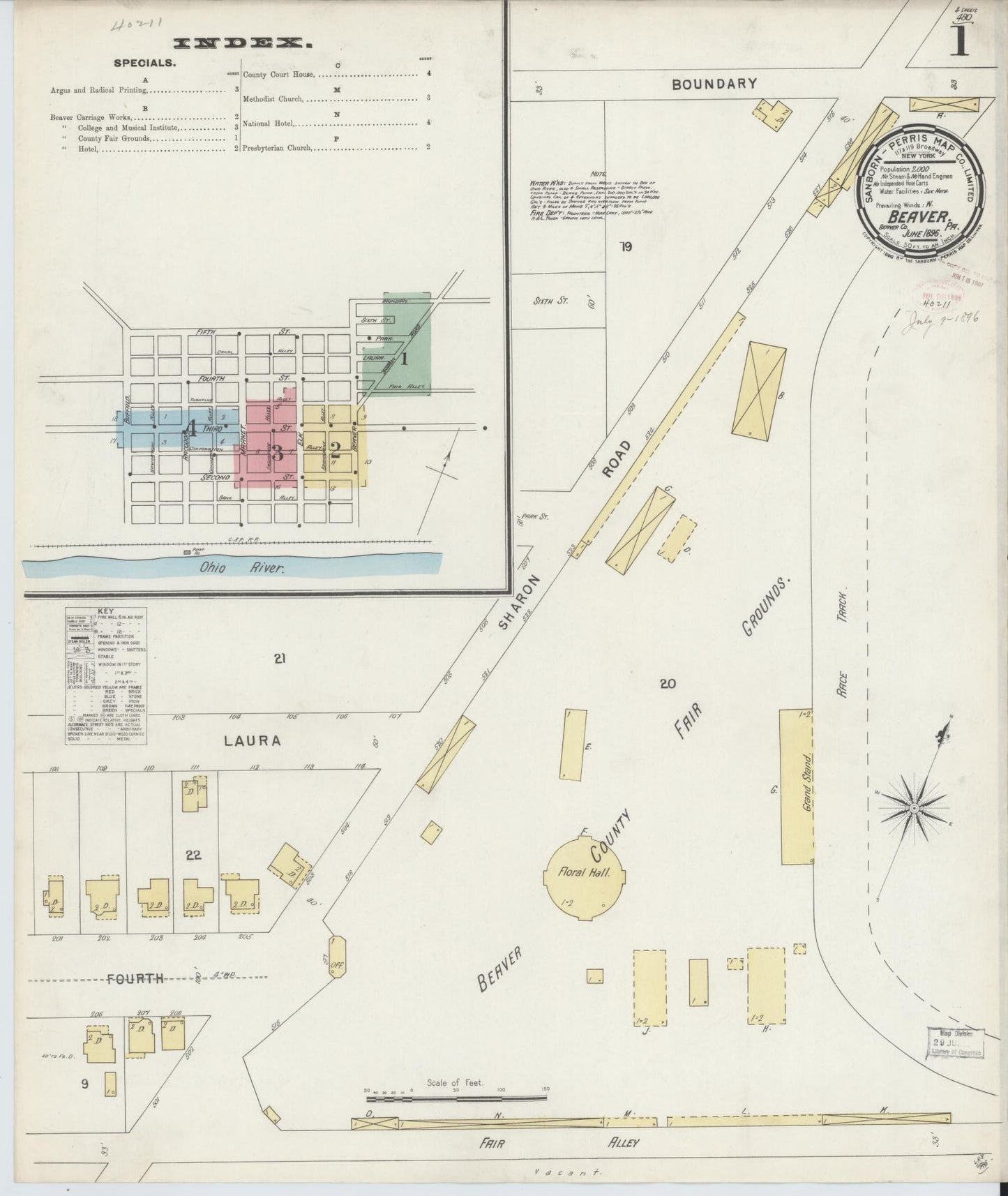 Sanborn Fire Insurance Map from Beaver, Beaver County, Pennsylvania (1896), Sheet #0001 - Historic Sanborn Fire Insurance Map Print, vintage old map wall art, antique decor, genealogy gift, Pennsylvania Pennsylvania map
