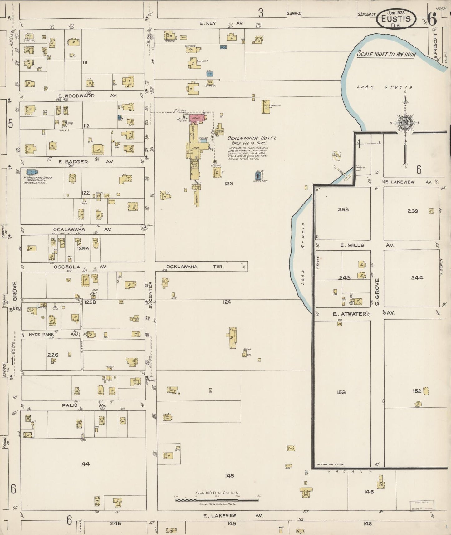 Sanborn Fire Insurance Map from Eustis, Lake County, Florida (1922), Sheet #0006 - Complete Map Set gallery image, historic Sanborn map, vintage wall art, Florida Florida