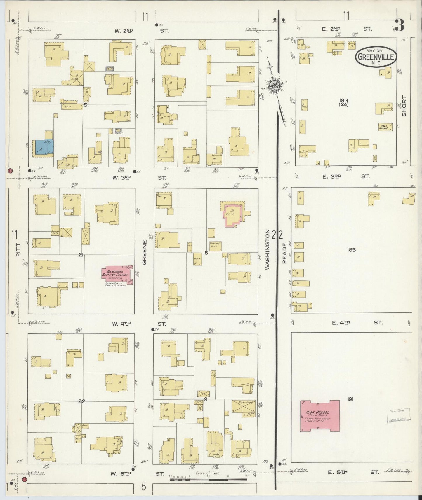 Sanborn Fire Insurance Map from Greenville, Pitt County, North Carolina (1916), Sheet #0003 - Historic Sanborn Fire Insurance Map Print, vintage old map wall art, antique decor, genealogy gift, North Carolina North Carolina map