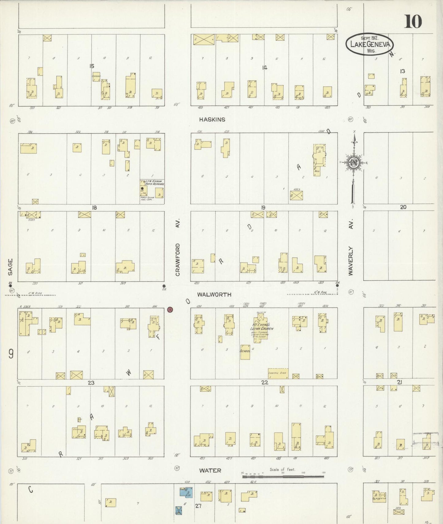 Sanborn Fire Insurance Map from Lake Geneva, Walworth County, Wisconsin (1912), Sheet #0010 - Historic Sanborn Fire Insurance Map Print, vintage old map wall art, antique decor, genealogy gift, Wisconsin Wisconsin map