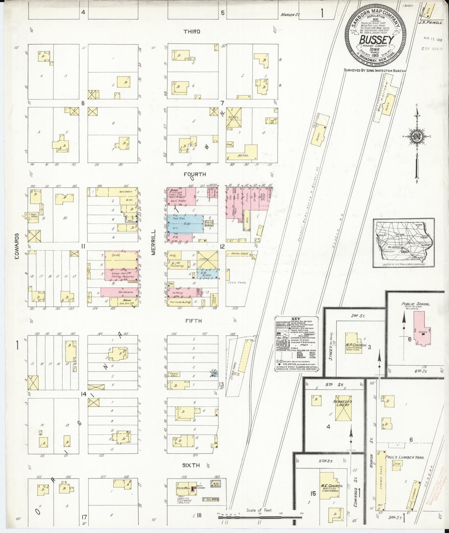 Sanborn Fire Insurance Map from Bussey, Marion County, Iowa (1913), Sheet #0001 - Historic Sanborn Fire Insurance Map Print, vintage old map wall art