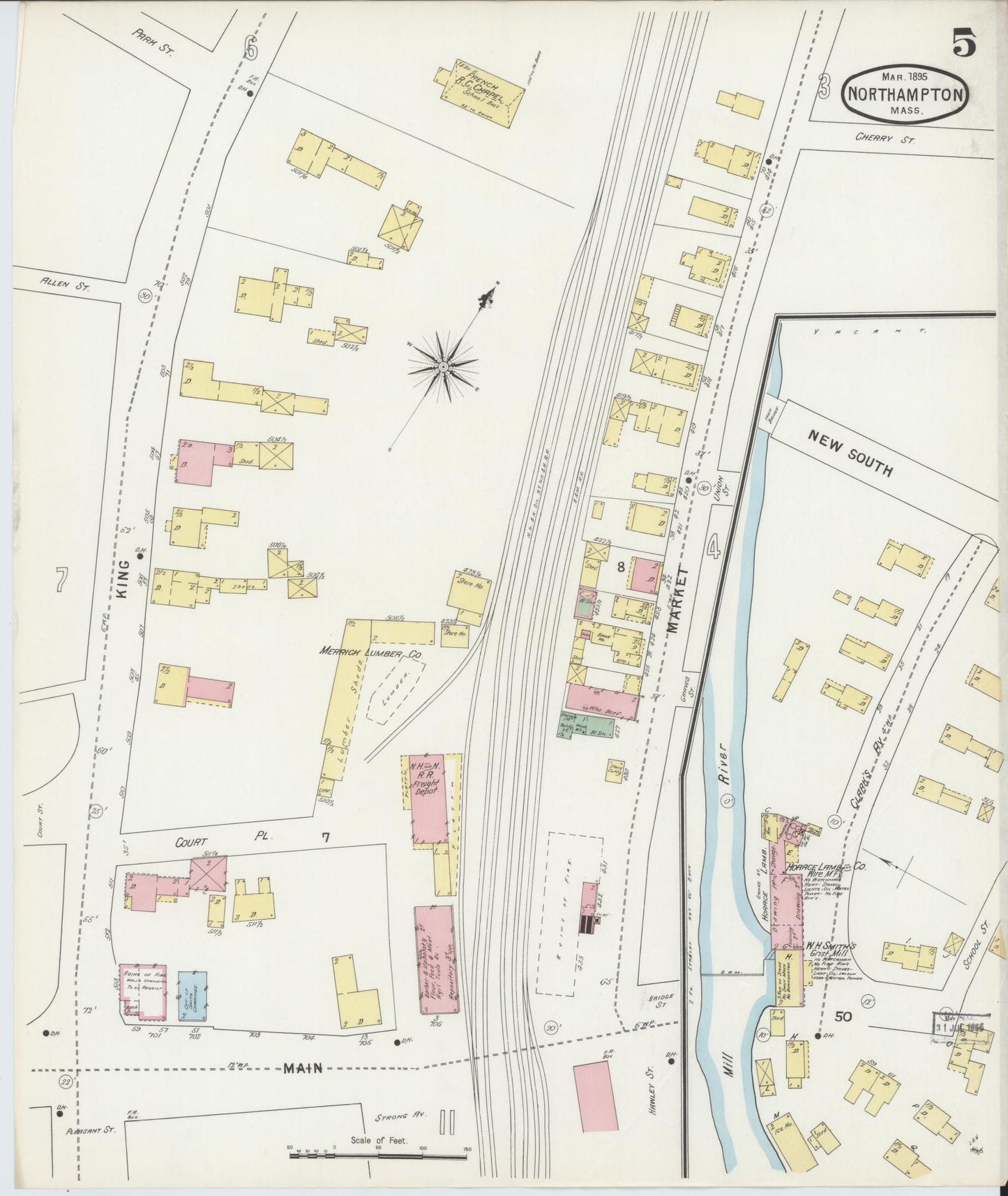 Sanborn Fire Insurance Map from Northampton, Hampshire County, Massachusetts (1895), Sheet #0005 - Historic Sanborn Fire Insurance Map Print, vintage old map wall art, antique decor, genealogy gift, Massachusetts Massachusetts map