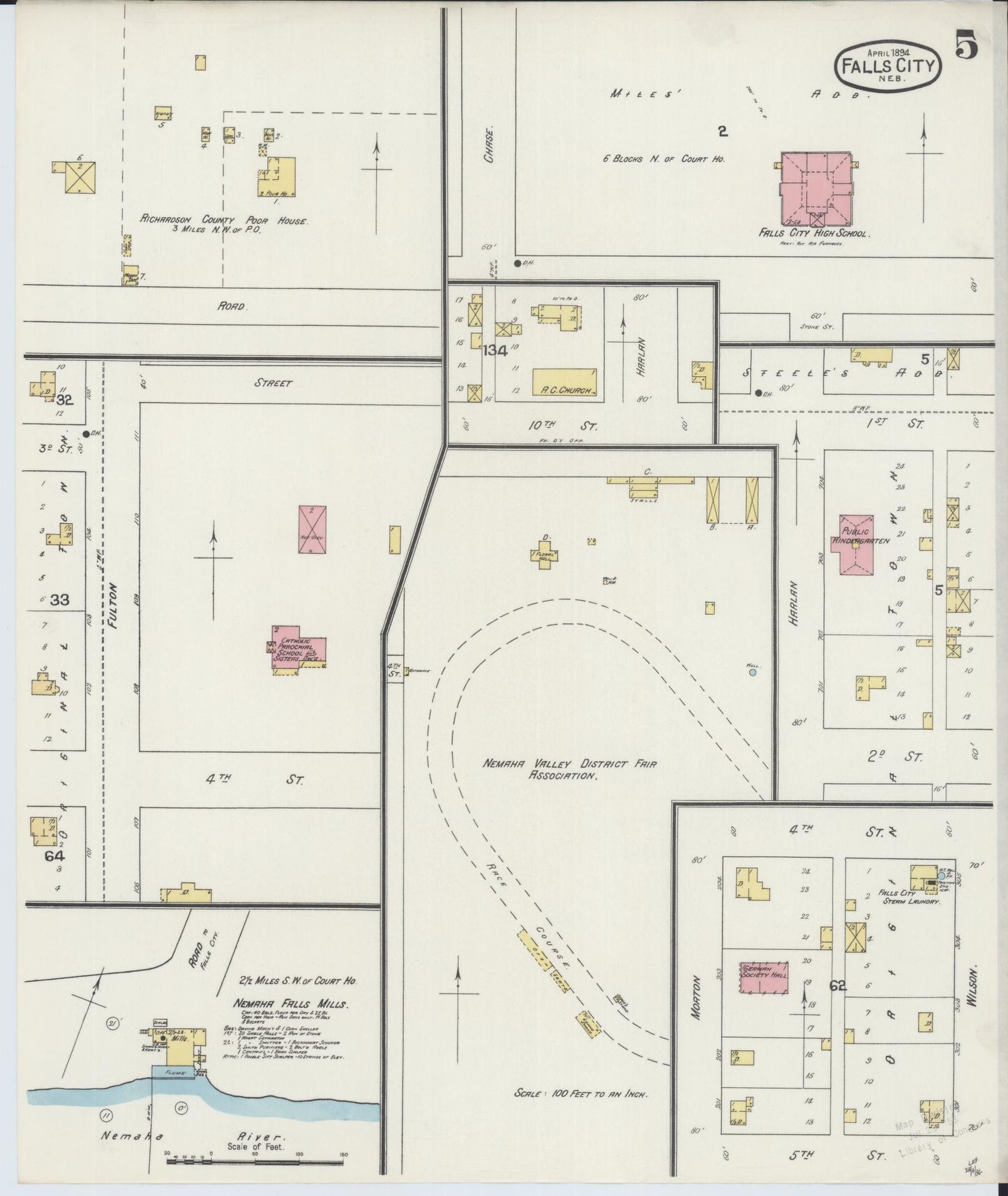Sanborn Fire Insurance Map from Falls City, Richardson County, Nebraska (1894), Sheet #0005 - Complete Map Set gallery image, historic Sanborn map, vintage wall art, Nebraska Nebraska