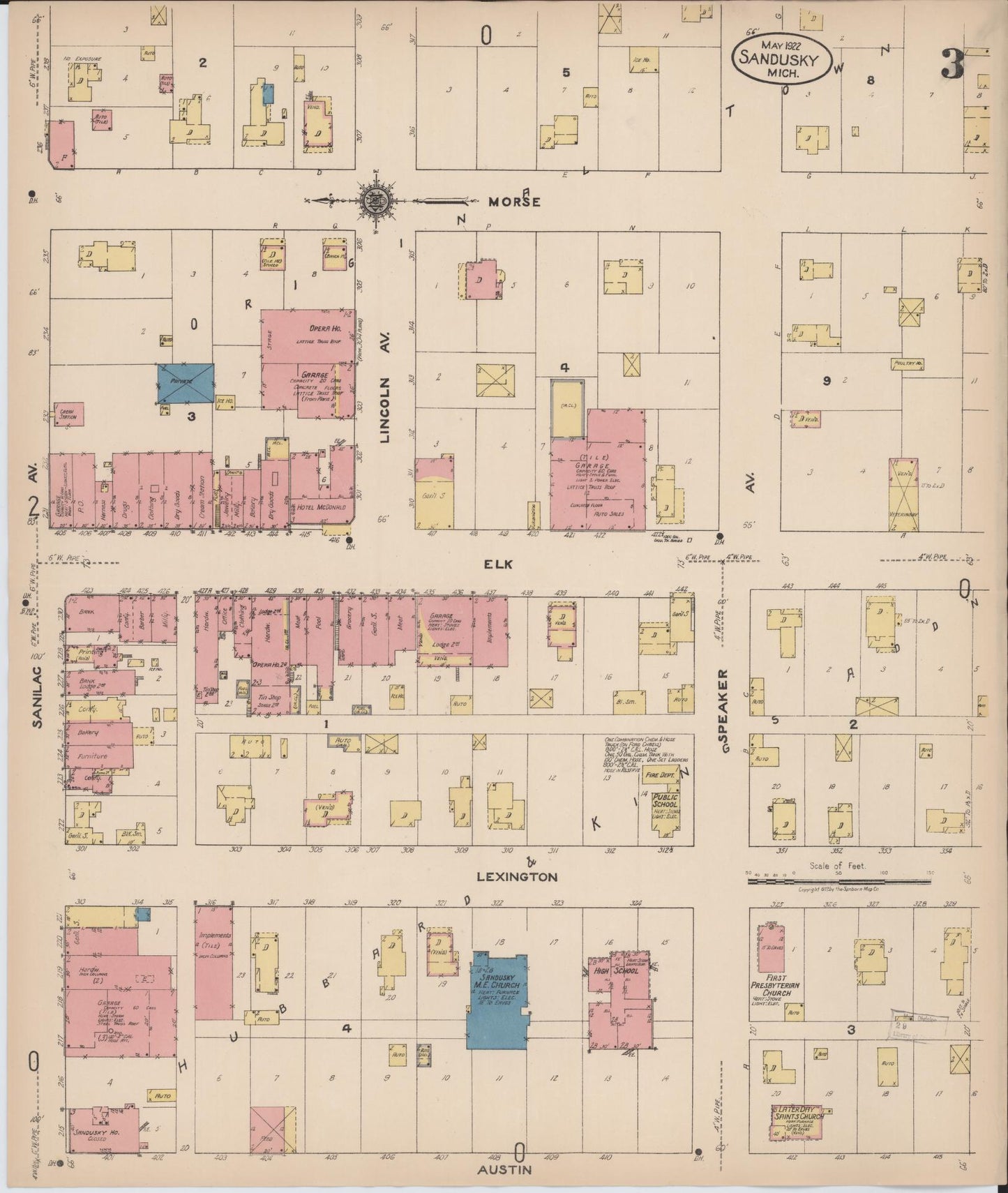 Sanborn Fire Insurance Map from Sandusky, Sanilac County, Michigan (1922), Sheet #0003 - Complete Map Set gallery image, historic Sanborn map, vintage wall art, Michigan Michigan