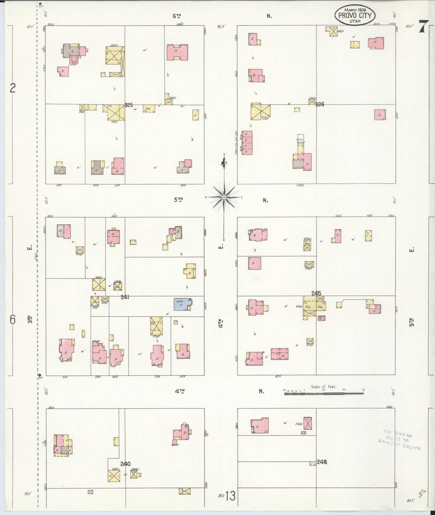 Sanborn Fire Insurance Map from Provo, Utah County, Utah (1908), Sheet #0007 - Historic Sanborn Fire Insurance Map Print, vintage old map wall art, antique decor, genealogy gift, Provo Utah map