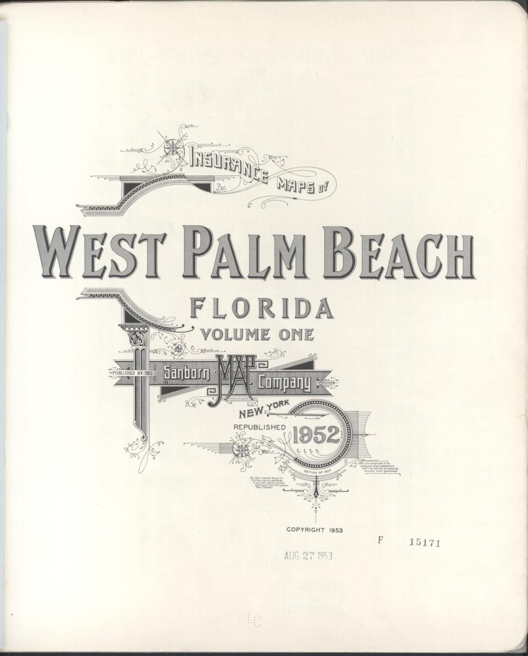 Sanborn Fire Insurance Map from West Palm Beach, Dade County, Florida (1952), Sheet #0001 - Historic Sanborn Fire Insurance Map Print, vintage old map wall art, antique decor, genealogy gift, Florida Florida map