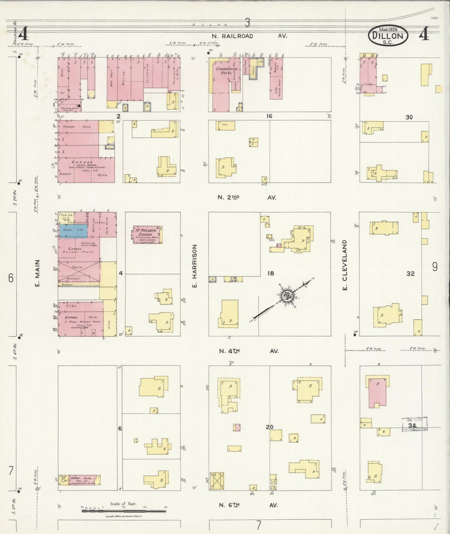Sanborn Fire Insurance Map from Dillon, Dillon County, South Carolina (1924), Sheet #0004 - Historic Sanborn Fire Insurance Map Print, vintage old map wall art, antique decor, genealogy gift, South Carolina South Carolina map
