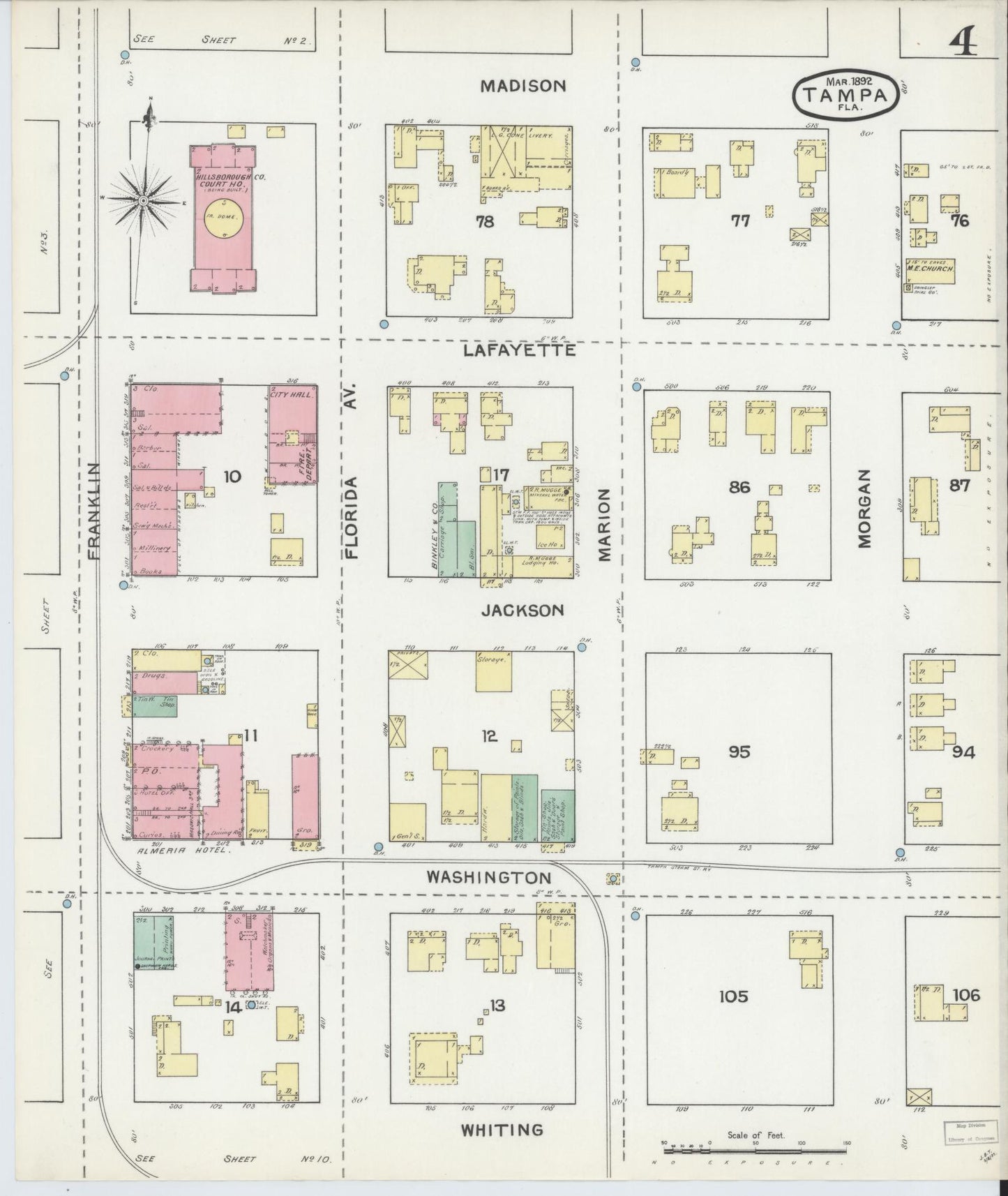 Sanborn Fire Insurance Map from Tampa, Hillsborough County, Florida (1892), Sheet #0004 - Historic Sanborn Fire Insurance Map Print, vintage old map wall art, antique decor, genealogy gift, Florida Florida map