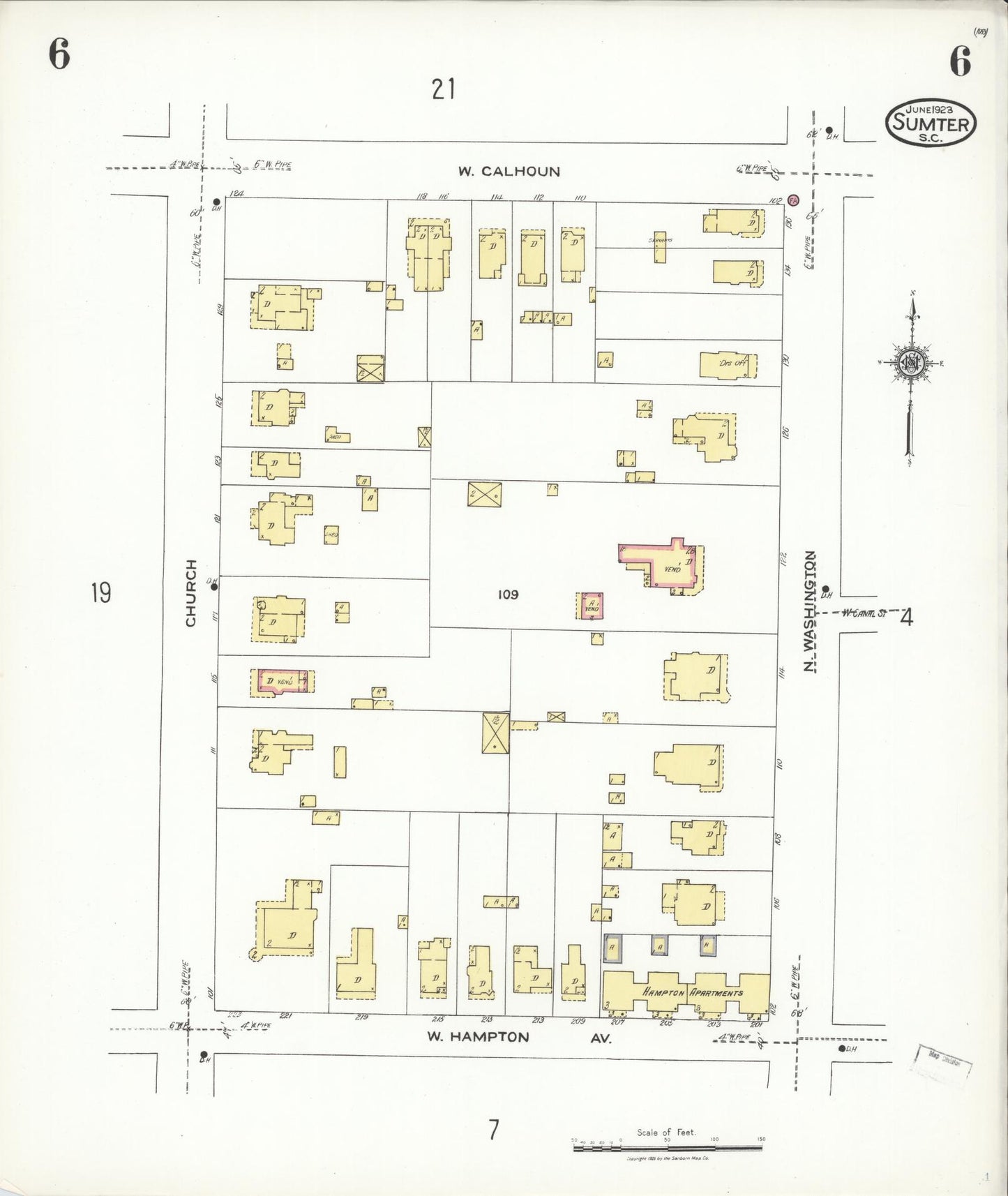 Sanborn Fire Insurance Map from Sumter, Sumter County, South Carolina (1923), Sheet #0006 - Historic Sanborn Fire Insurance Map Print, vintage old map wall art, antique decor, genealogy gift, South Carolina South Carolina map