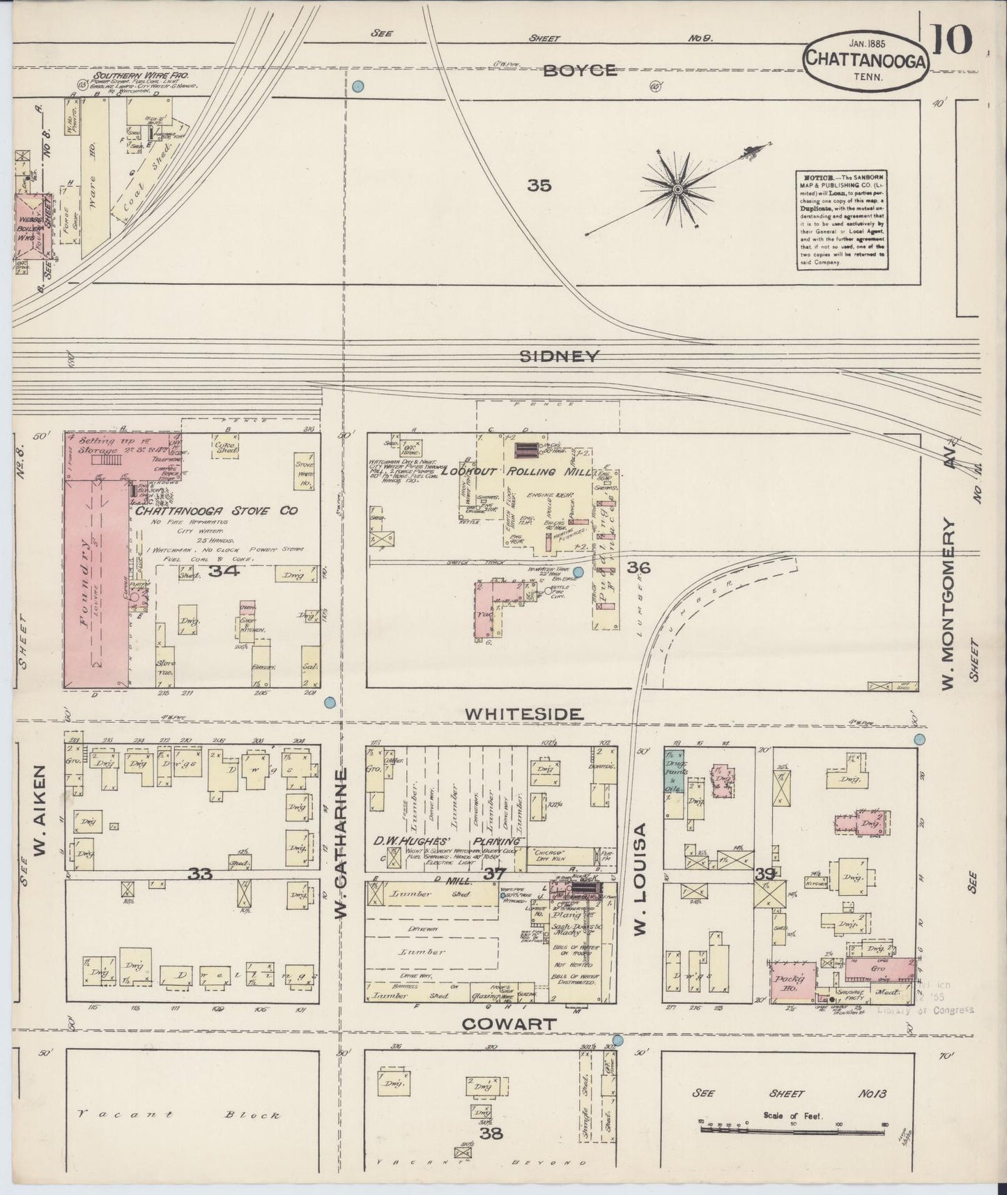Sanborn Fire Insurance Map from Chattanooga, Hamilton County, Tennessee (1885), Sheet #0010 - Historic Sanborn Fire Insurance Map Print, vintage old map wall art, antique decor, genealogy gift, Tennessee Tennessee map