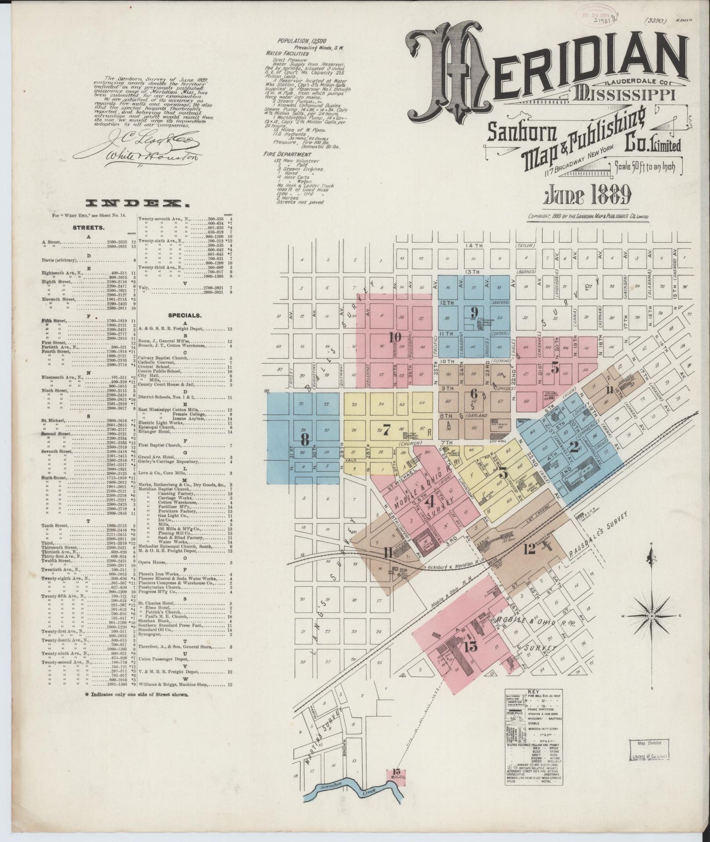 Sanborn Fire Insurance Map from Meridian, Lauderdale County, Mississippi (1889), Sheet #0001 - Historic Sanborn Fire Insurance Map Print, vintage old map wall art, antique decor, genealogy gift, Mississippi Mississippi map