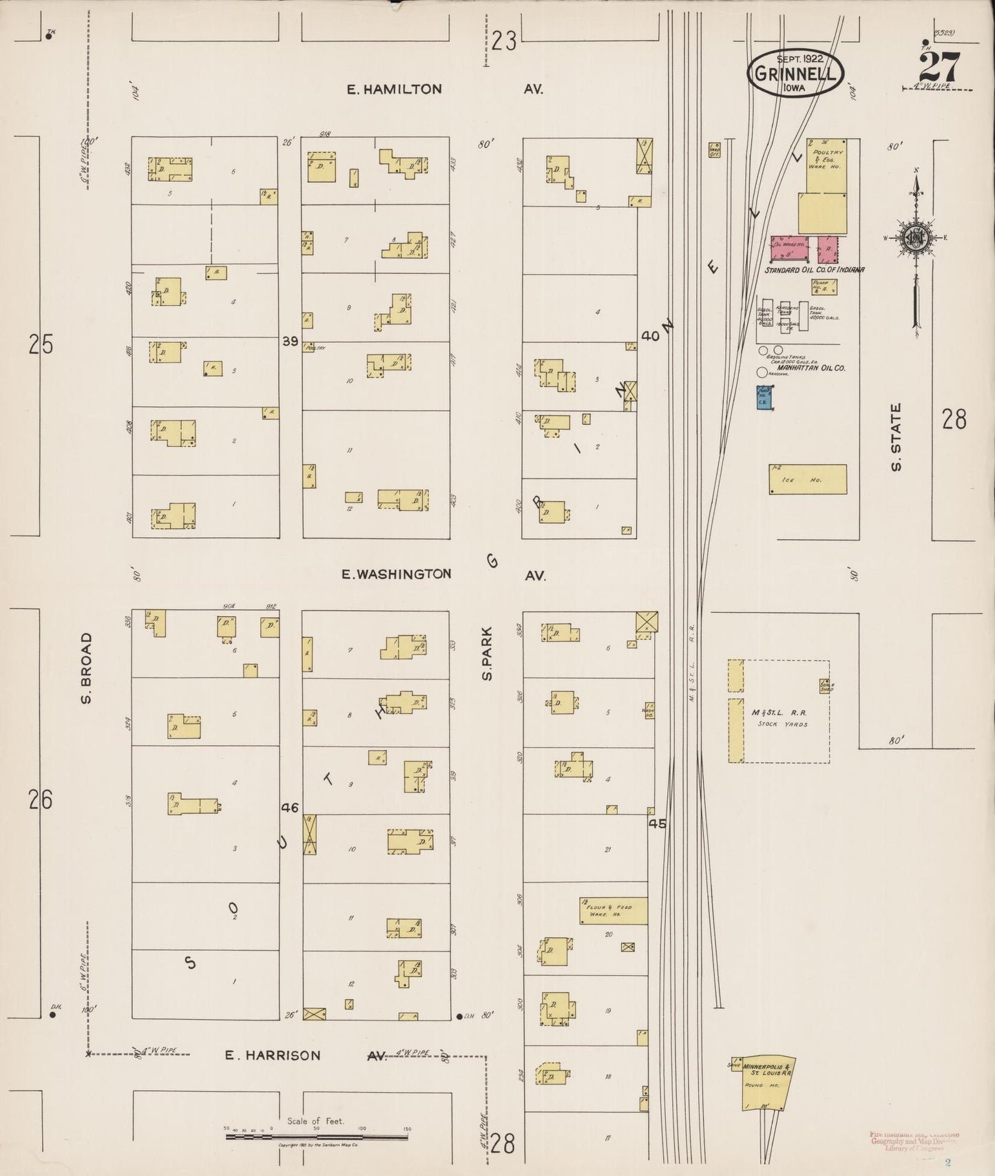 Sanborn Fire Insurance Map from Grinnell, Poweshiek County, Iowa (1922), Sheet #0027 - Historic Sanborn Fire Insurance Map Print, vintage old map wall art