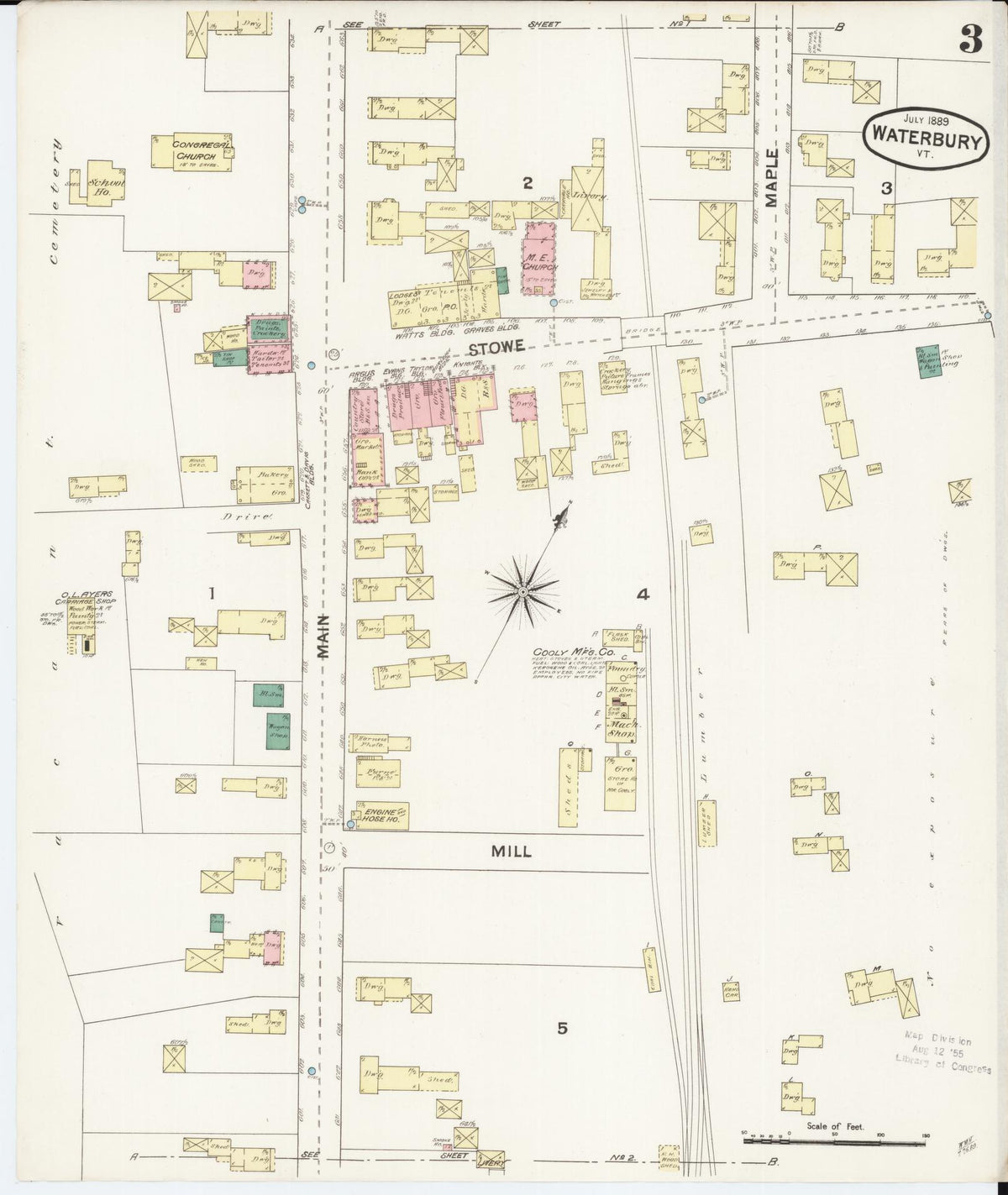 Sanborn Fire Insurance Map from Waterbury, Washington County, Vermont (1889), Sheet #0003 - Complete Map Set gallery image, historic Sanborn map, vintage wall art, Vermont Vermont