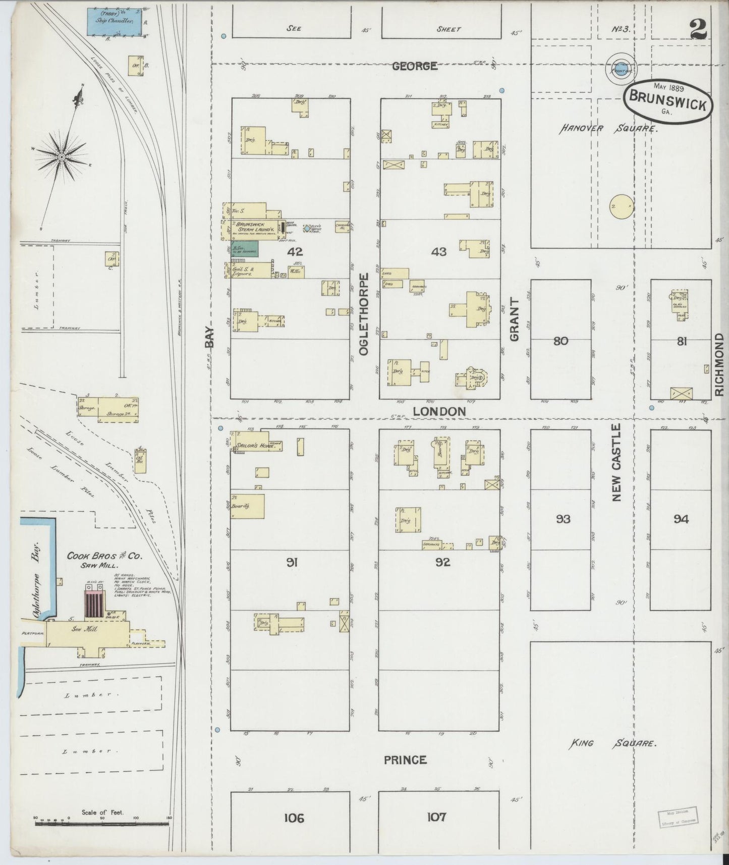 Sanborn Fire Insurance Map from Brunswick, Glynn County, Georgia (1889), Sheet #0002 - Historic Sanborn Fire Insurance Map Print, vintage old map wall art, antique decor, genealogy gift, Georgia Georgia map