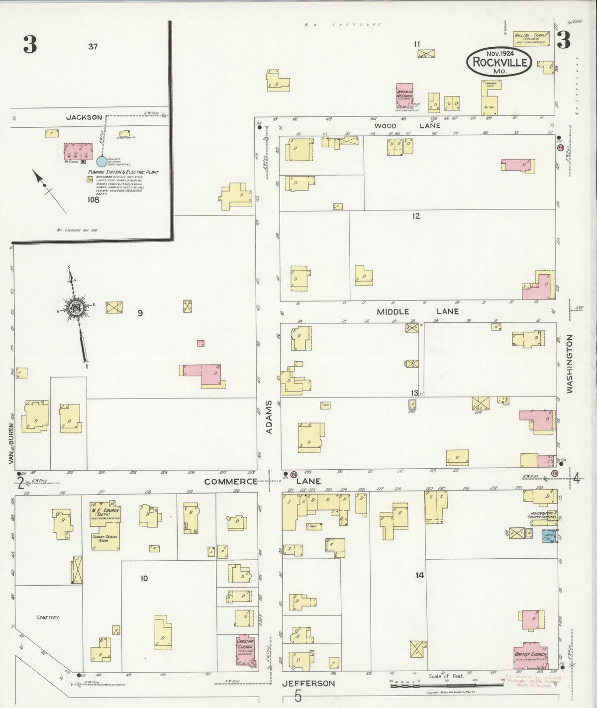 Sanborn Fire Insurance Map from Rockville, Montgomery County, Maryland (1924), Sheet #0003 - Historic Sanborn Fire Insurance Map Print, vintage old map wall art, antique decor, genealogy gift, Maryland Maryland map