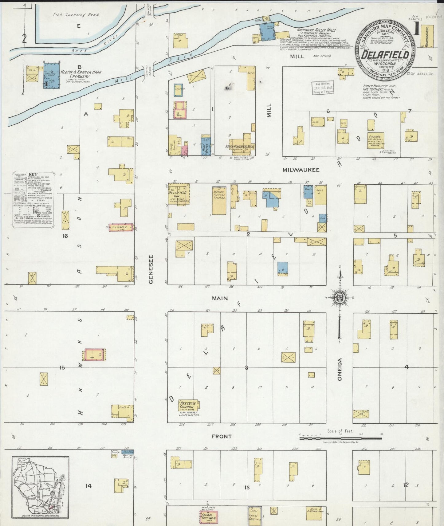 Sanborn Fire Insurance Map from Delafield, Waukesha County, Wisconsin (1918), Sheet #0001 - Historic Sanborn Fire Insurance Map Print, vintage old map wall art, antique decor, genealogy gift, Wisconsin Wisconsin map