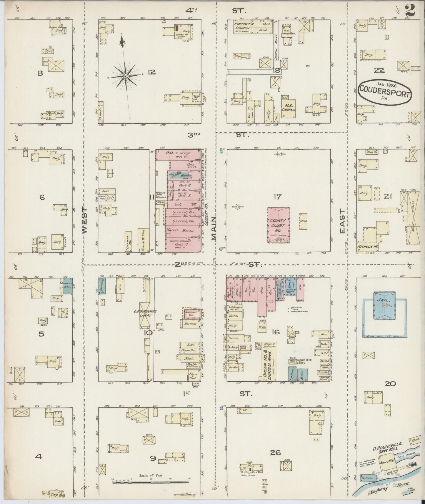 Sanborn Fire Insurance Map from Coudersport, Potter County, Pennsylvania (1886), Sheet #0002 - Historic Sanborn Fire Insurance Map Print, vintage old map wall art, antique decor, genealogy gift, Pennsylvania Pennsylvania map