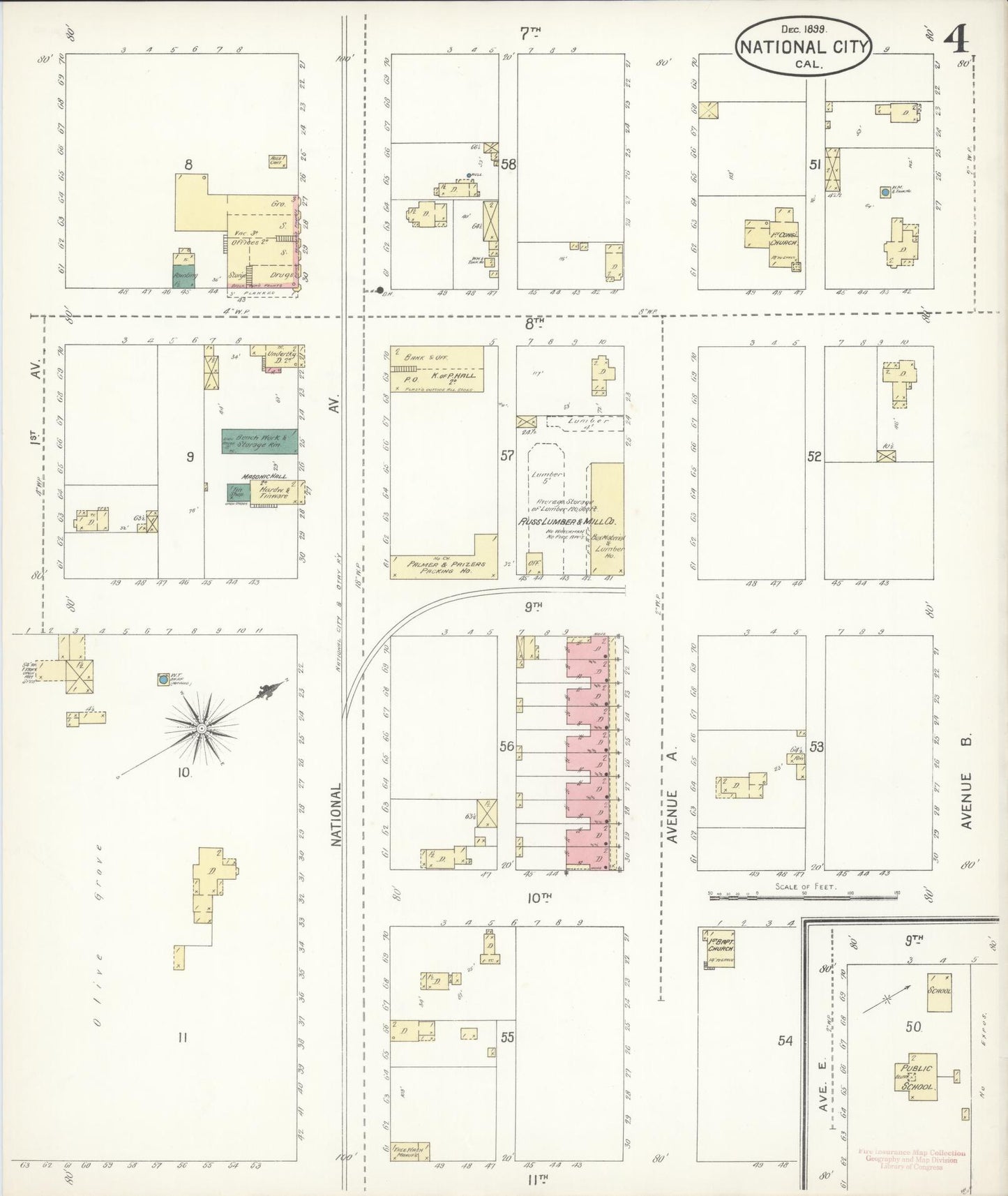 Sanborn Fire Insurance Map from National City, San Diego County, California (1899), Sheet #0004 - Historic Sanborn Fire Insurance Map Print, vintage old map wall art, antique decor, genealogy gift, California California map