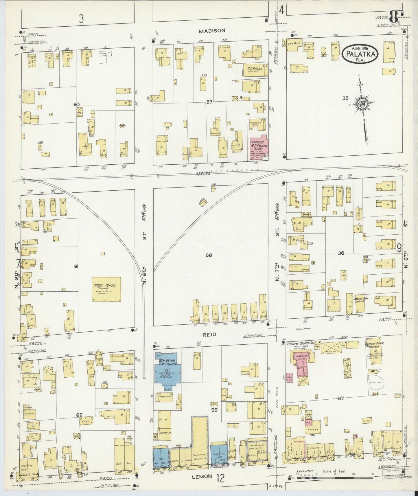 Sanborn Fire Insurance Map from Palatka, Putnam County, Florida (1915), Sheet #0008 - Historic Sanborn Fire Insurance Map Print, vintage old map wall art, antique decor, genealogy gift, Florida Florida map