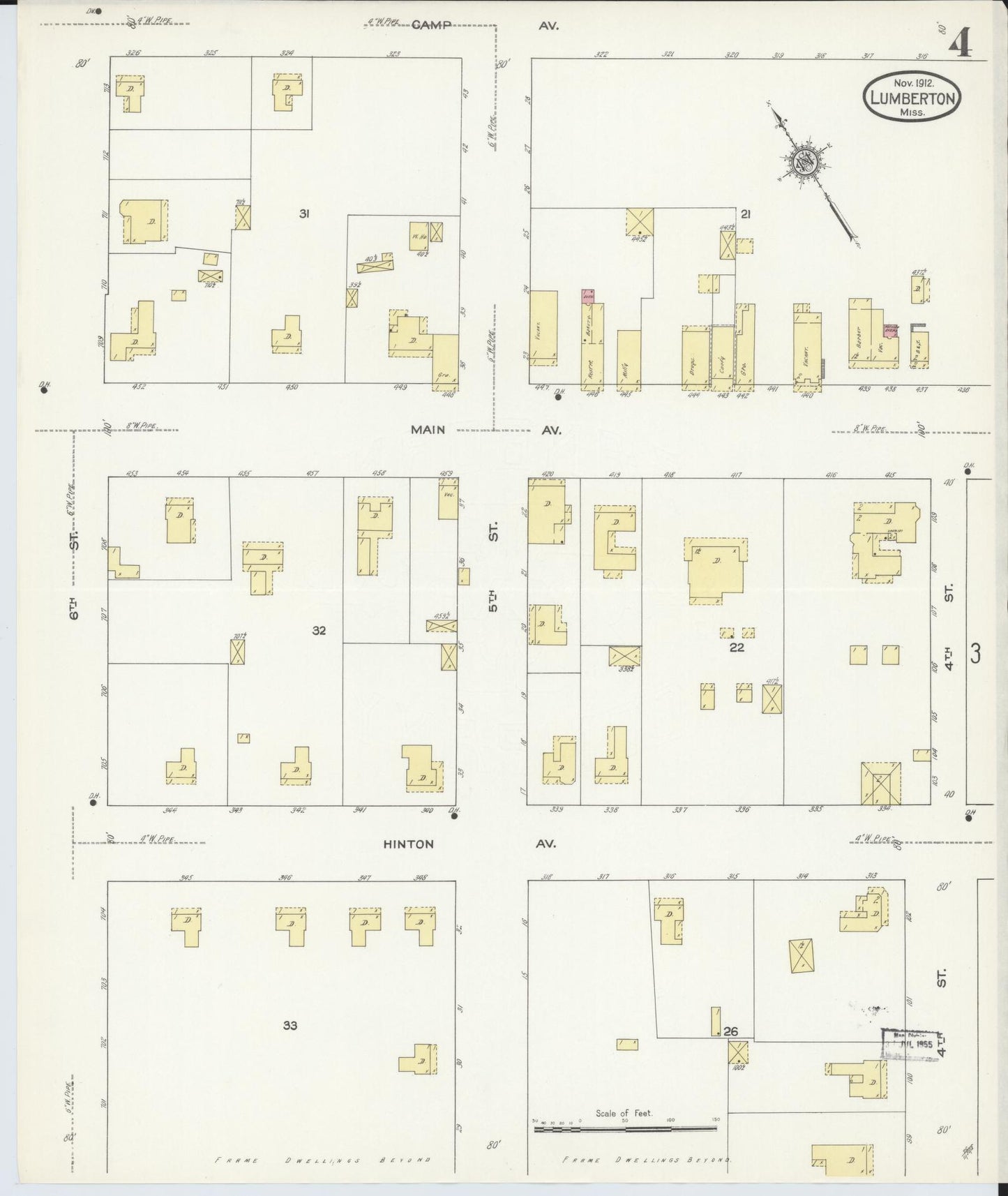 Sanborn Fire Insurance Map from Lumberton, Lamar County, Mississippi (1912), Sheet #0004 - Historic Sanborn Fire Insurance Map Print, vintage old map wall art, antique decor, genealogy gift, Mississippi Mississippi map