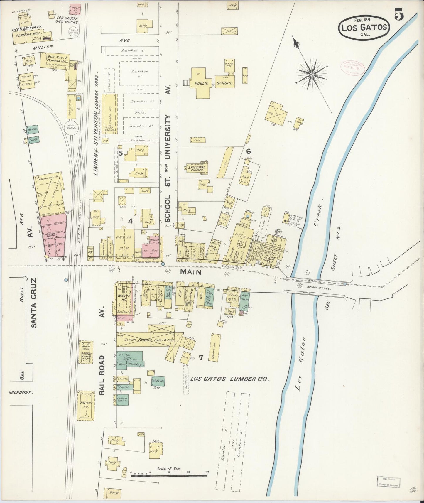 Sanborn Fire Insurance Map from Los Gatos, Santa Clara County, California (1891), Sheet #0005 - Historic Sanborn Fire Insurance Map Print, vintage old map wall art, antique decor, genealogy gift, California California map