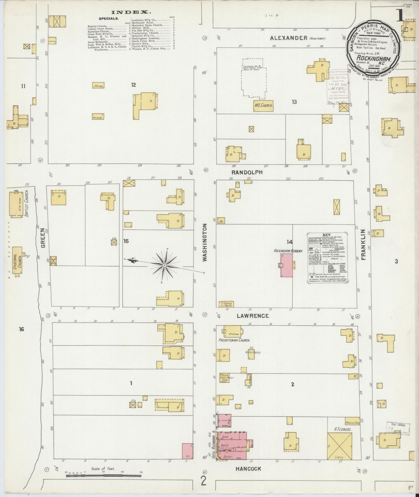 Sanborn Fire Insurance Map from Rockingham, Richmond County, North Carolina (1900), Sheet #0001 - Historic Sanborn Fire Insurance Map Print, vintage old map wall art, antique decor, genealogy gift, North Carolina North Carolina map