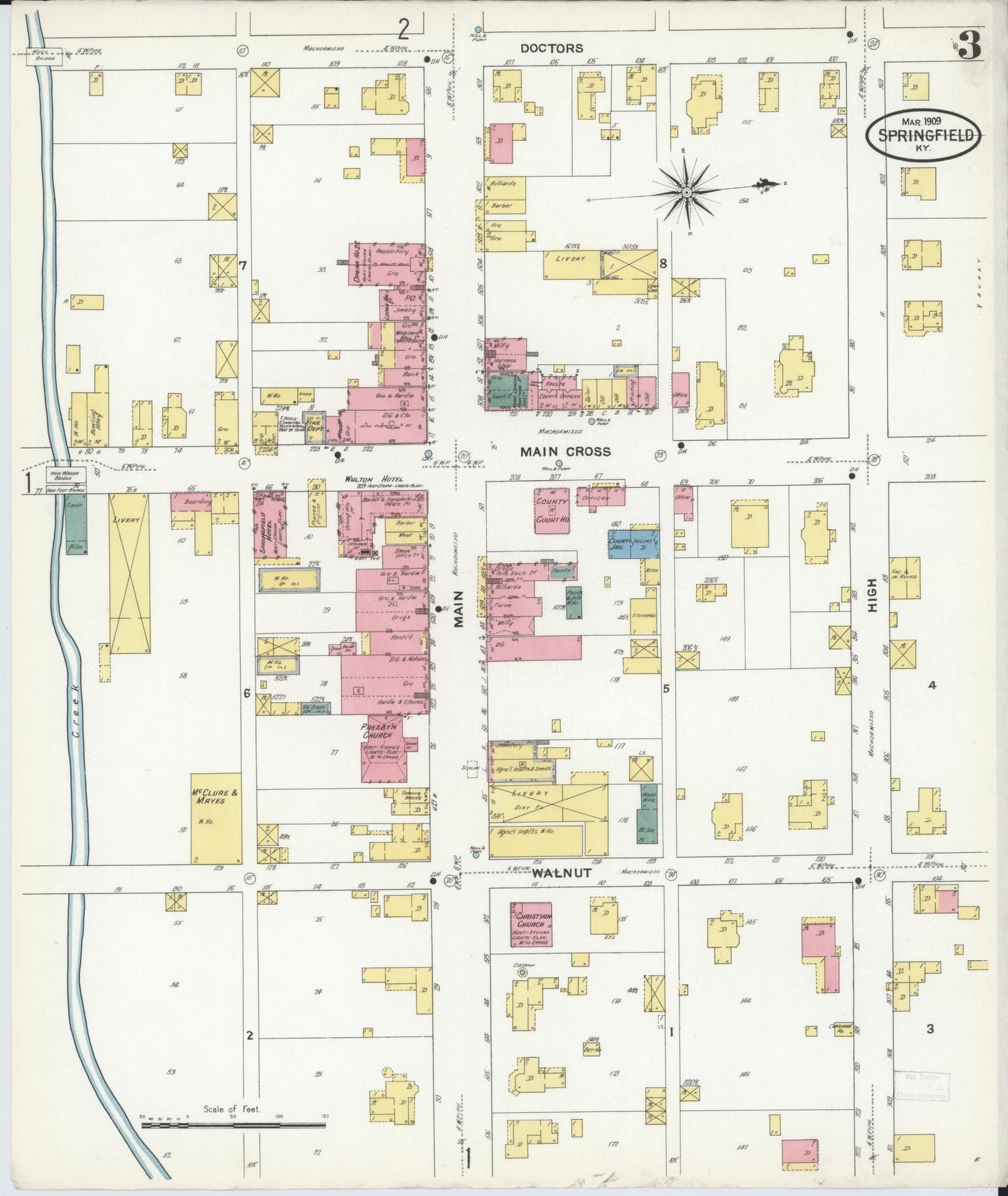 Sanborn Fire Insurance Map from Springfield, Washington County, Kentucky (1909), Sheet #0003 - Historic Sanborn Fire Insurance Map Print, vintage old map wall art, antique decor, genealogy gift, Kentucky Kentucky map
