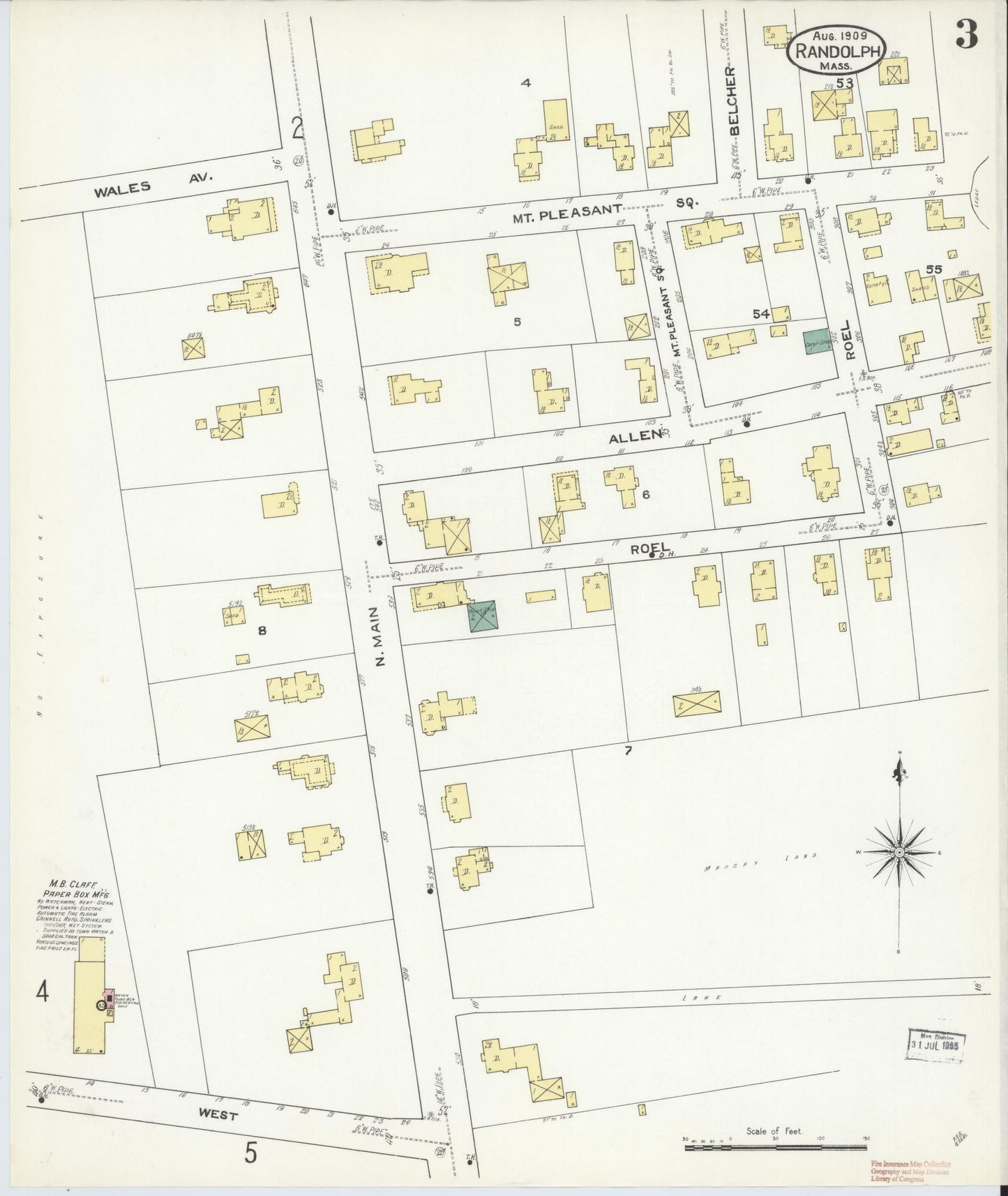 Sanborn Fire Insurance Map from Randolph, Norfolk County, Massachusetts (1909), Sheet #0003 - Historic Sanborn Fire Insurance Map Print, vintage old map wall art, antique decor, genealogy gift, Massachusetts Massachusetts map