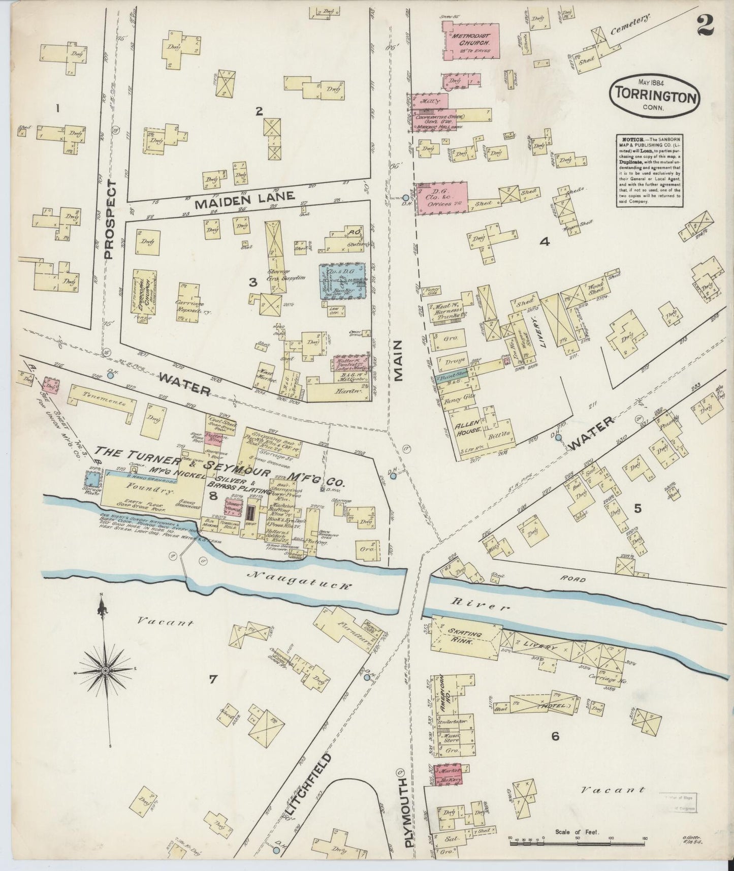 Sanborn Fire Insurance Map from Torrington, Litchfield County, Connecticut (1884), Sheet #0002 - Historic Sanborn Fire Insurance Map Print, vintage old map wall art, antique decor, genealogy gift, Connecticut Connecticut map